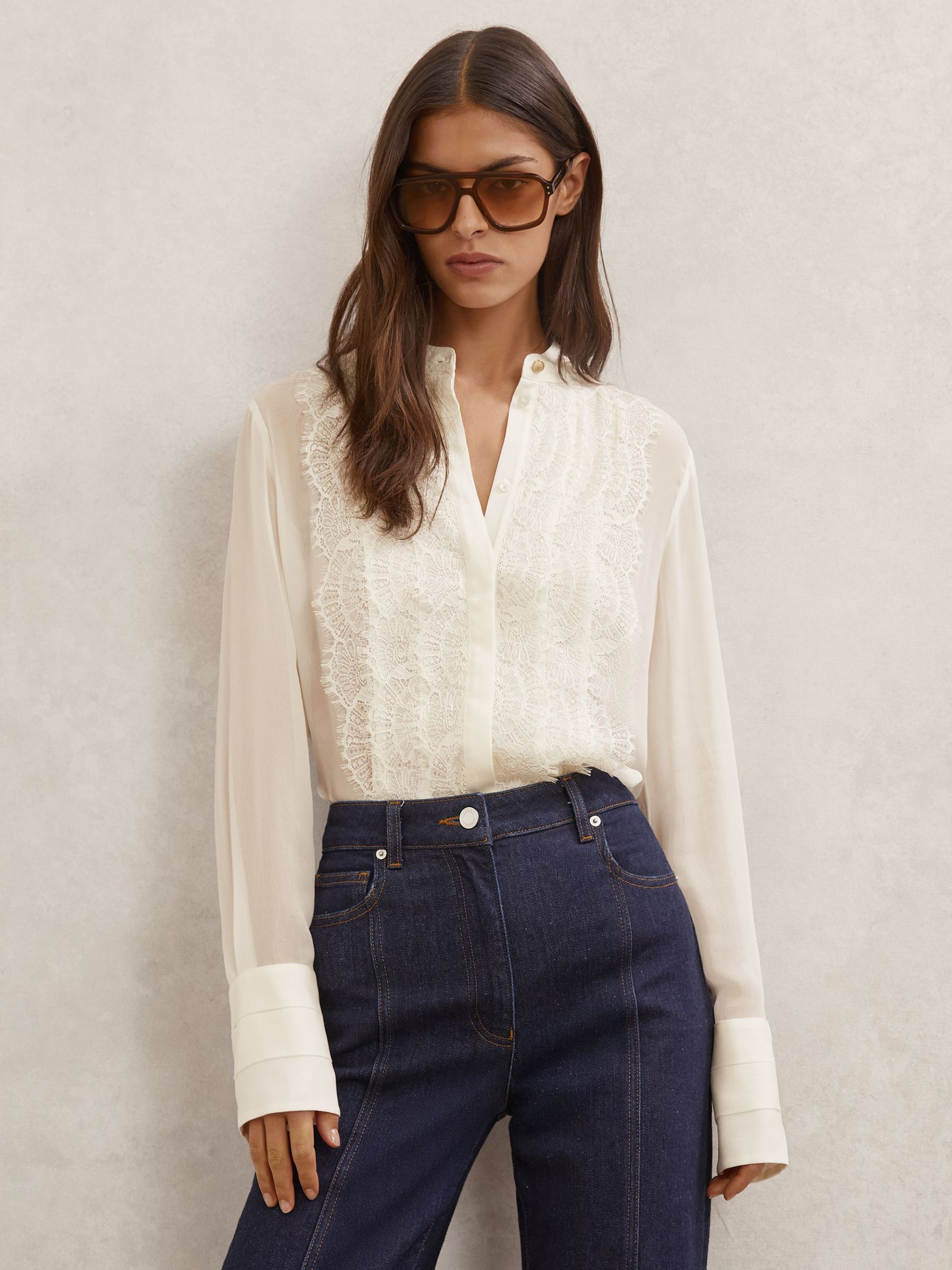Lace-Trim Sheer Button-Through Blouse in Cream (W87184) | $275