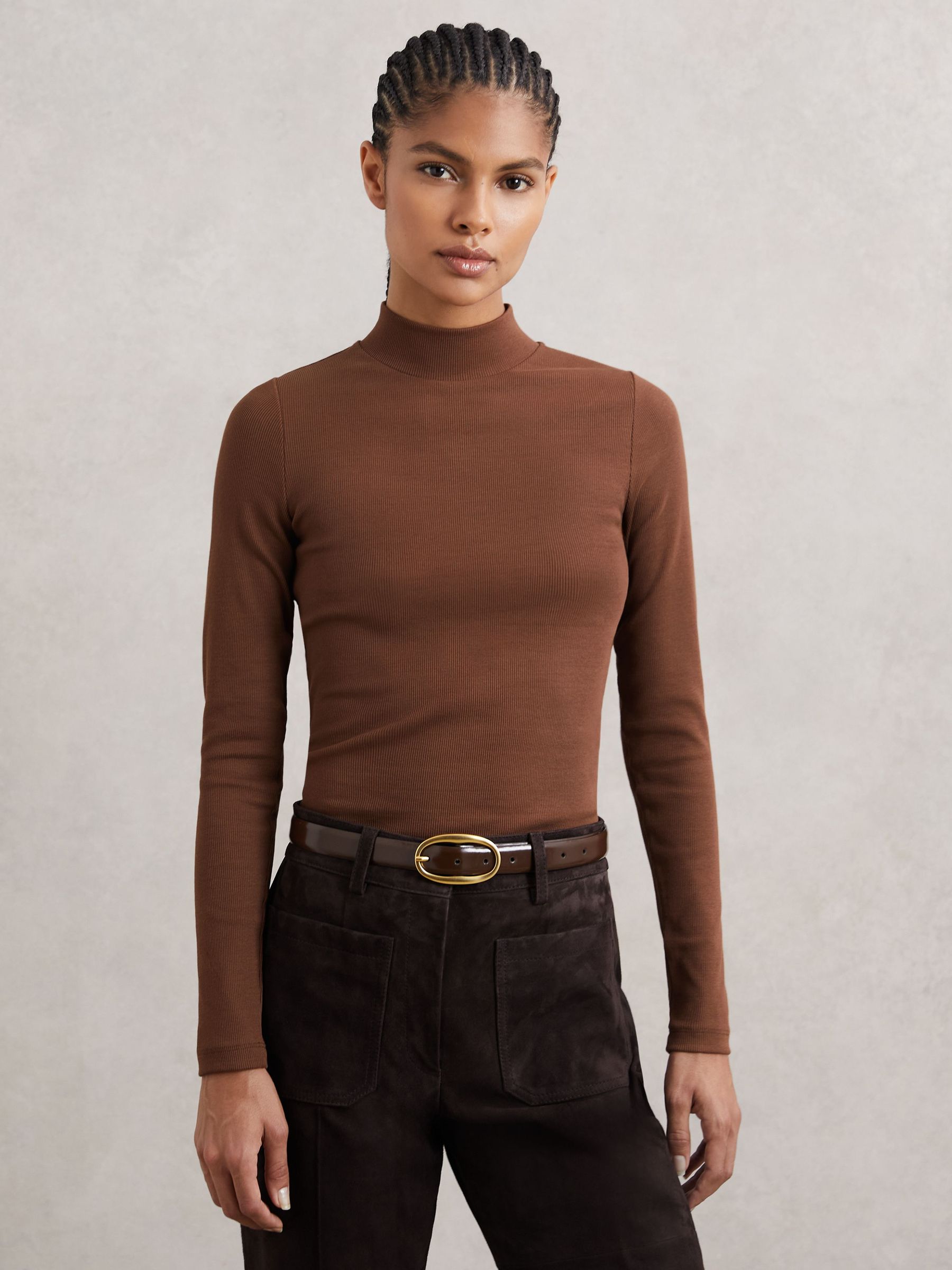 Stretch-Cotton Funnel-Neck Top in Brown (W87193) | Kč1,640