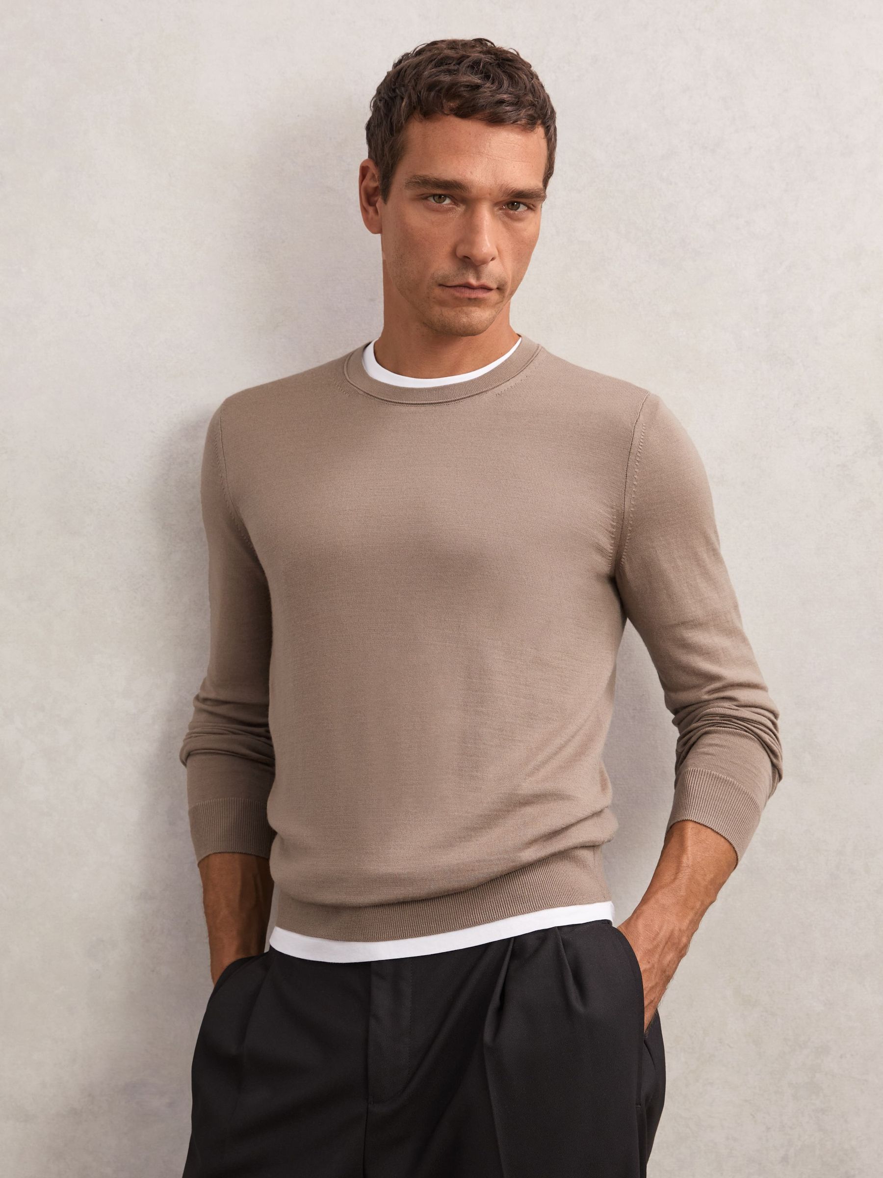 Merino Wool Crew Neck Jumper in Camel Brown (W87335) | $155