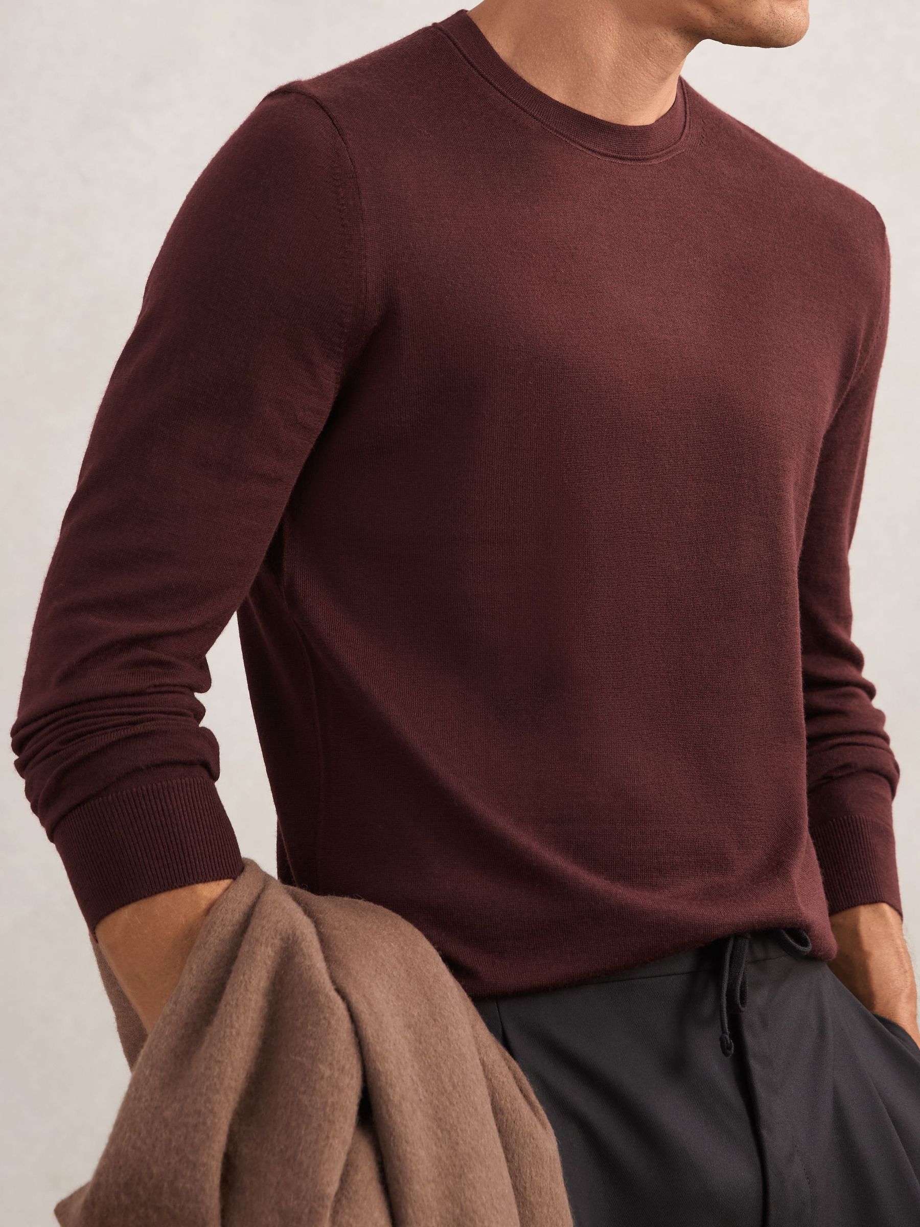 Merino Wool Crew Neck Jumper in Port Red (W87341) | $155