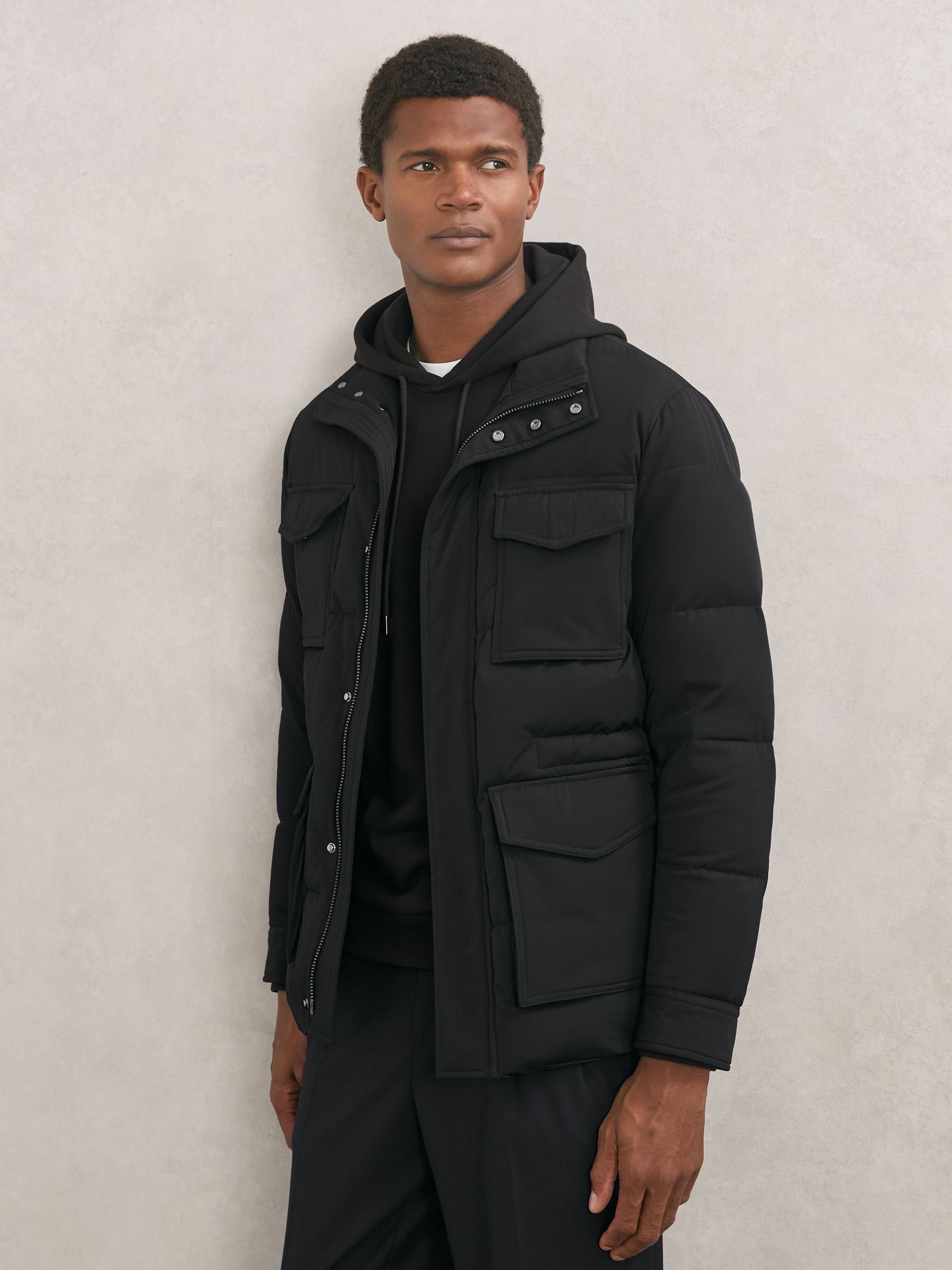 Quilted Four-Pocket Puffer Jacket in Navy (W87344) | $595