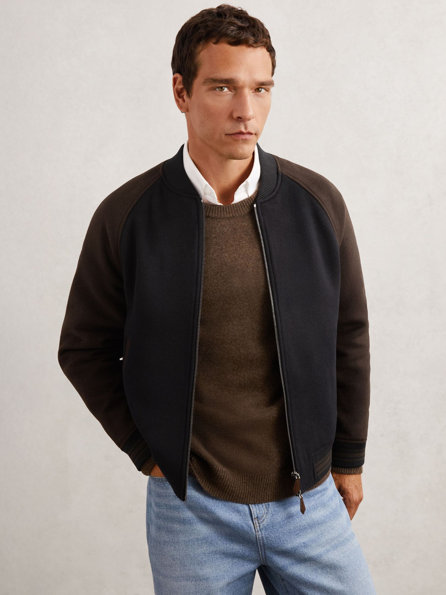 Wool-Blend Colour-Block Bomber Jacket in Navy/Brown (W87348) | €385