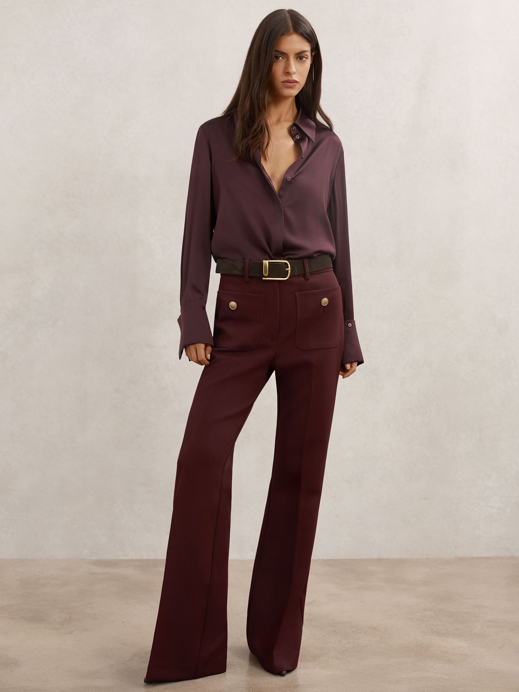 Button-Pocket Flared Trousers in Dark Red (W89194) | $280