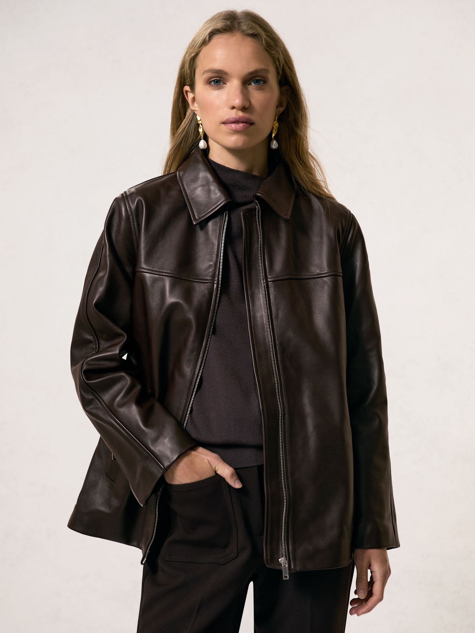 Longline Leather Jacket in Chocolate Brown (W89199) | ₪2,470