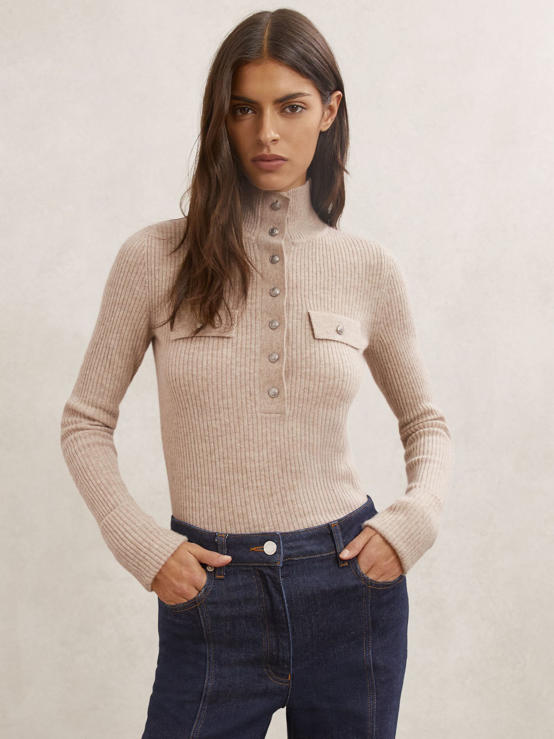 Wool Funnel-Neck Half-Button Jumper in Neutral (W89201) | $200