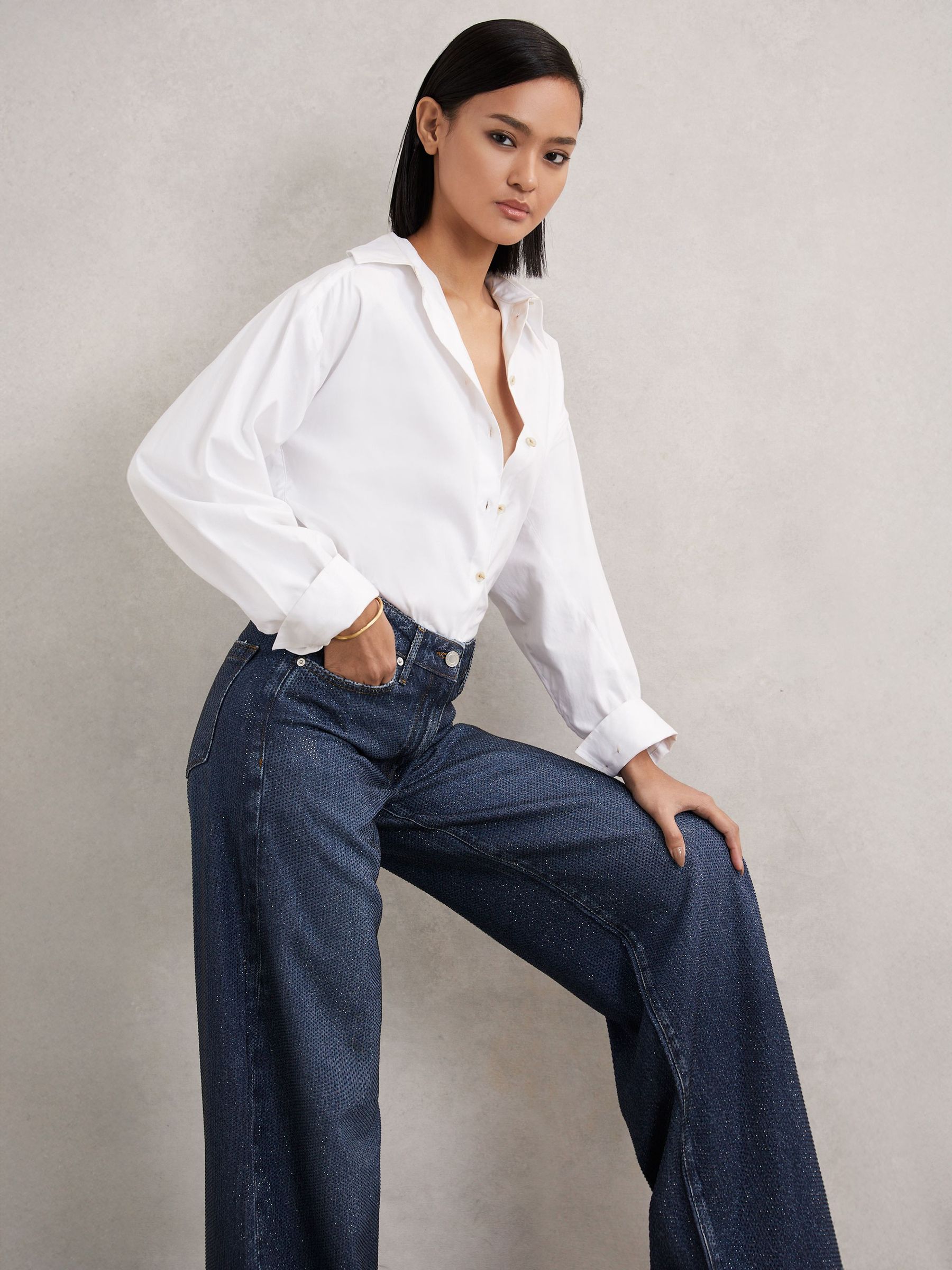 Petite Wide-Leg Crystal-Embellished Jeans in Dark Blue (W89202) | 1,360 QAR