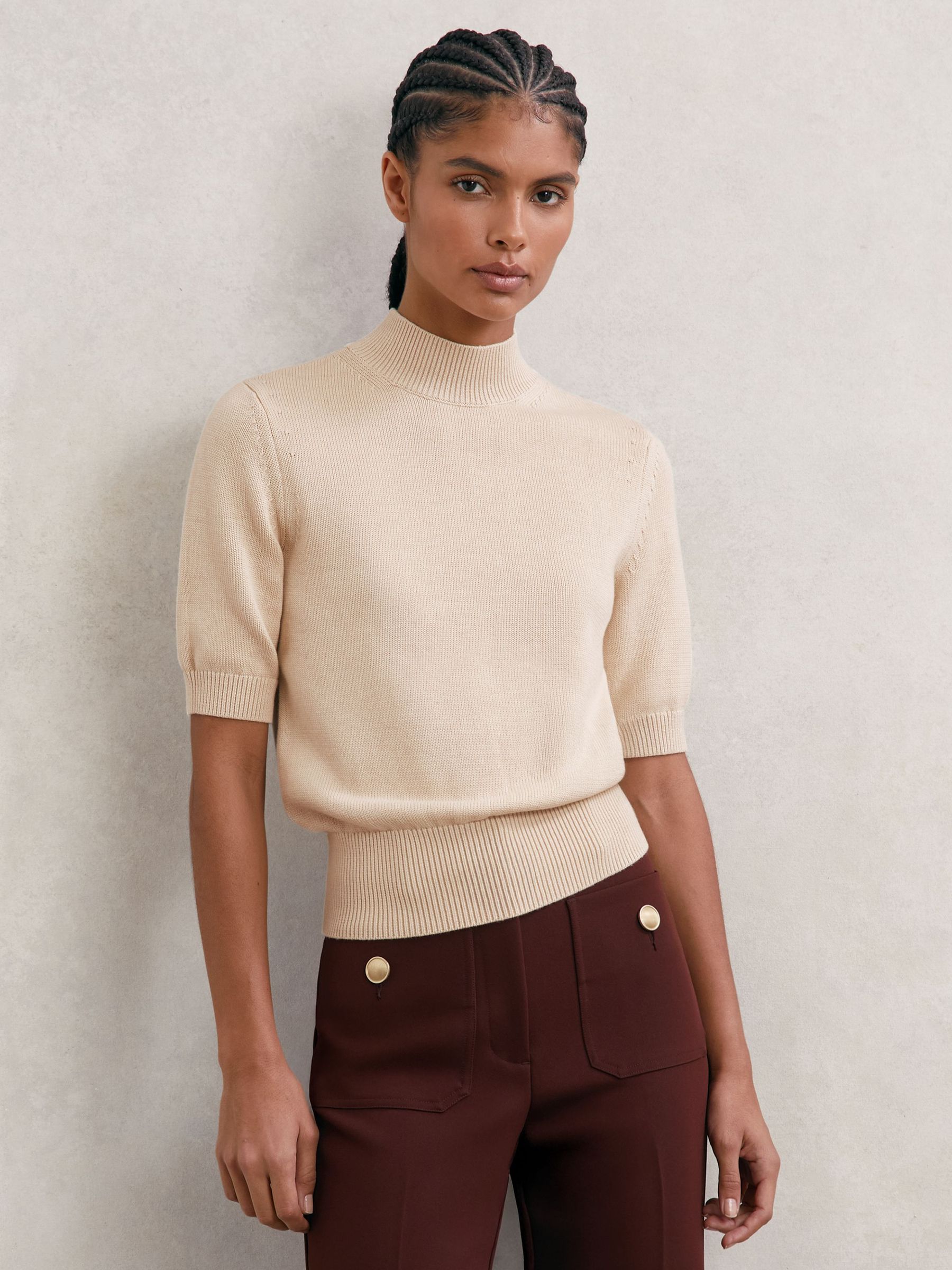 Cotton and Wool Funnel-Neck Knit Top in Neutral (W89206) | €115