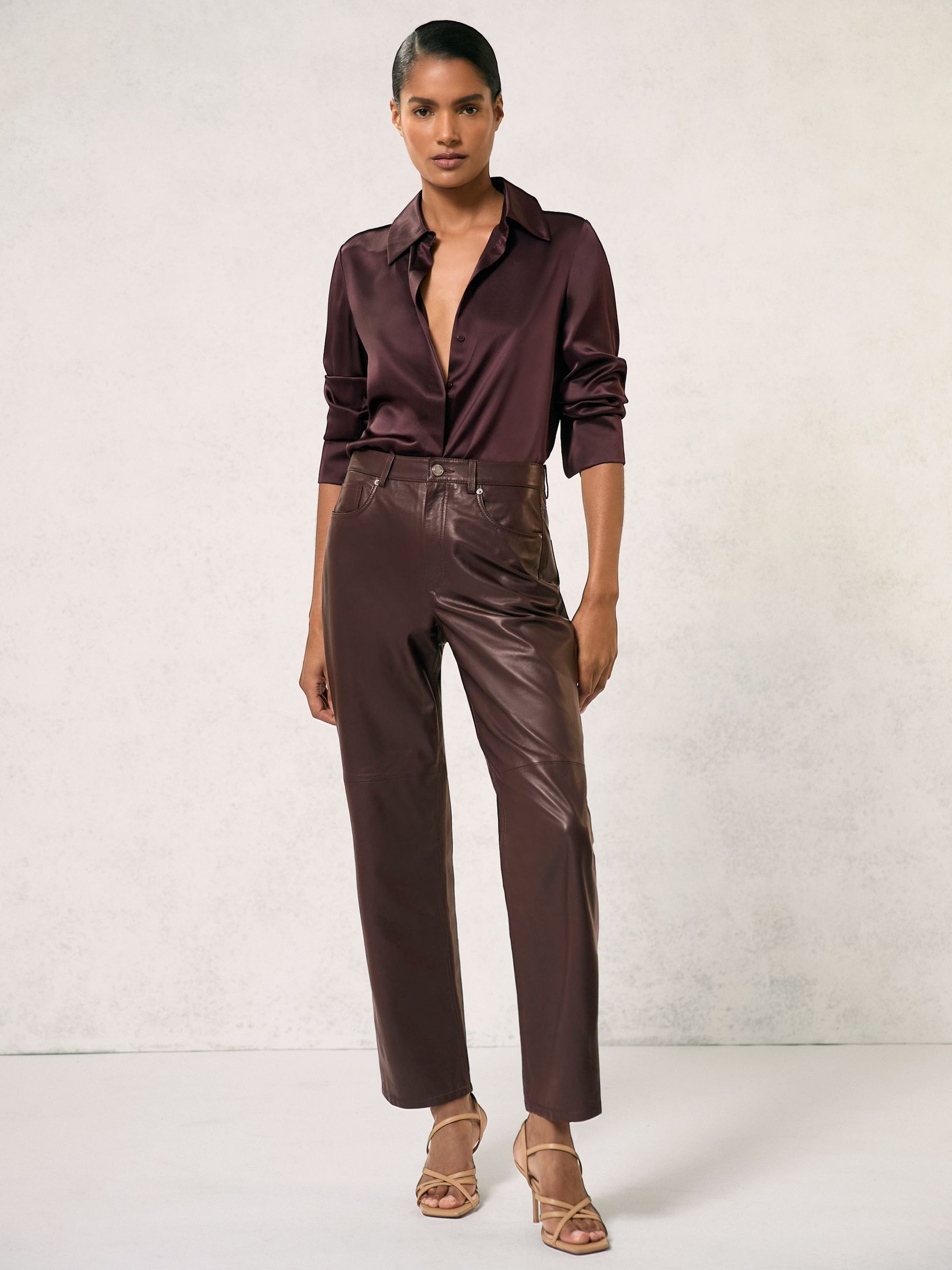 Petite Leather Slim-Leg Trousers in Oxblood Burgundy (W89208) | 2,165 QAR