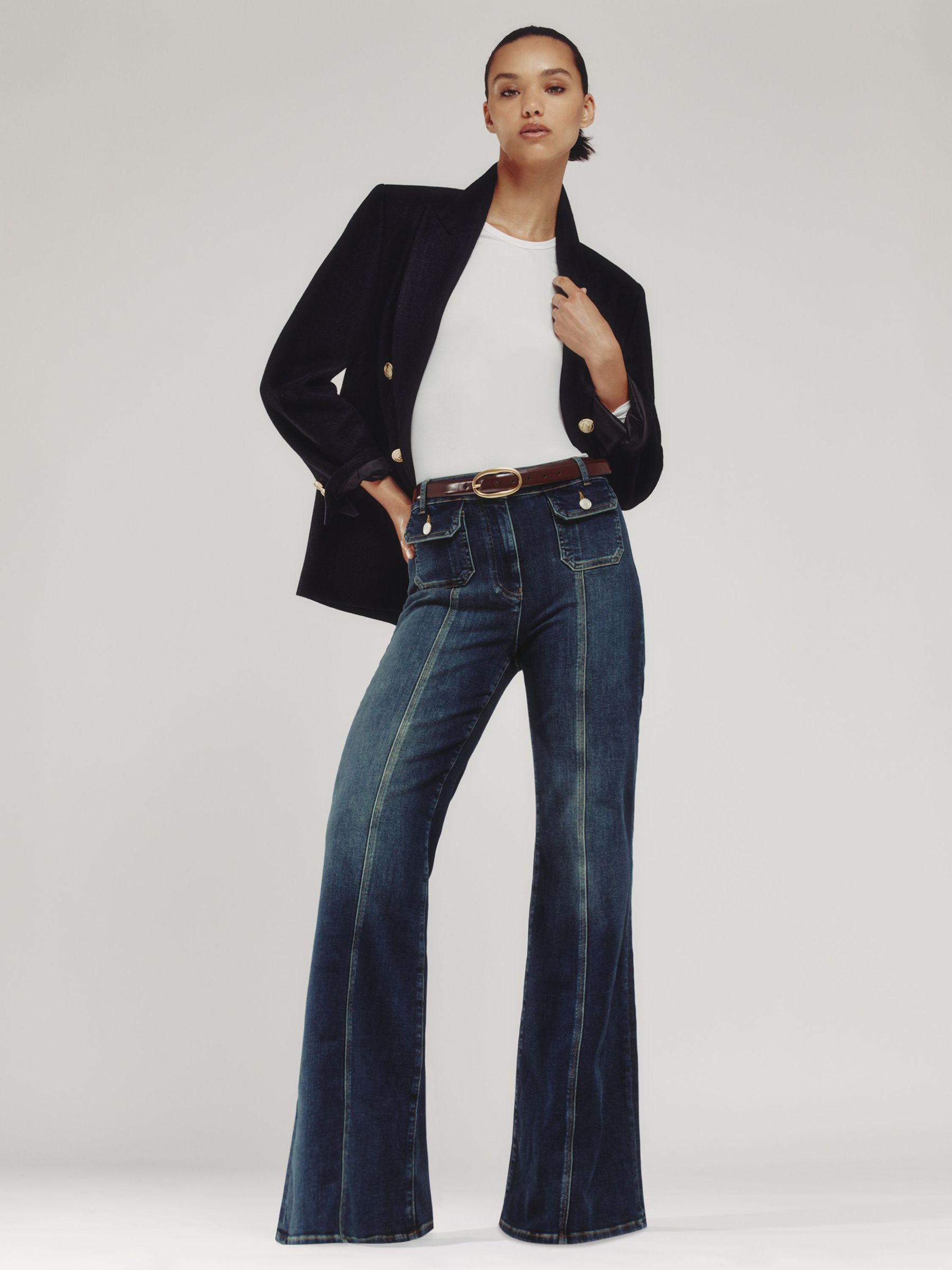 Button-Pocket Flared Jeans in Mid Blue (W89211) | 925 QAR