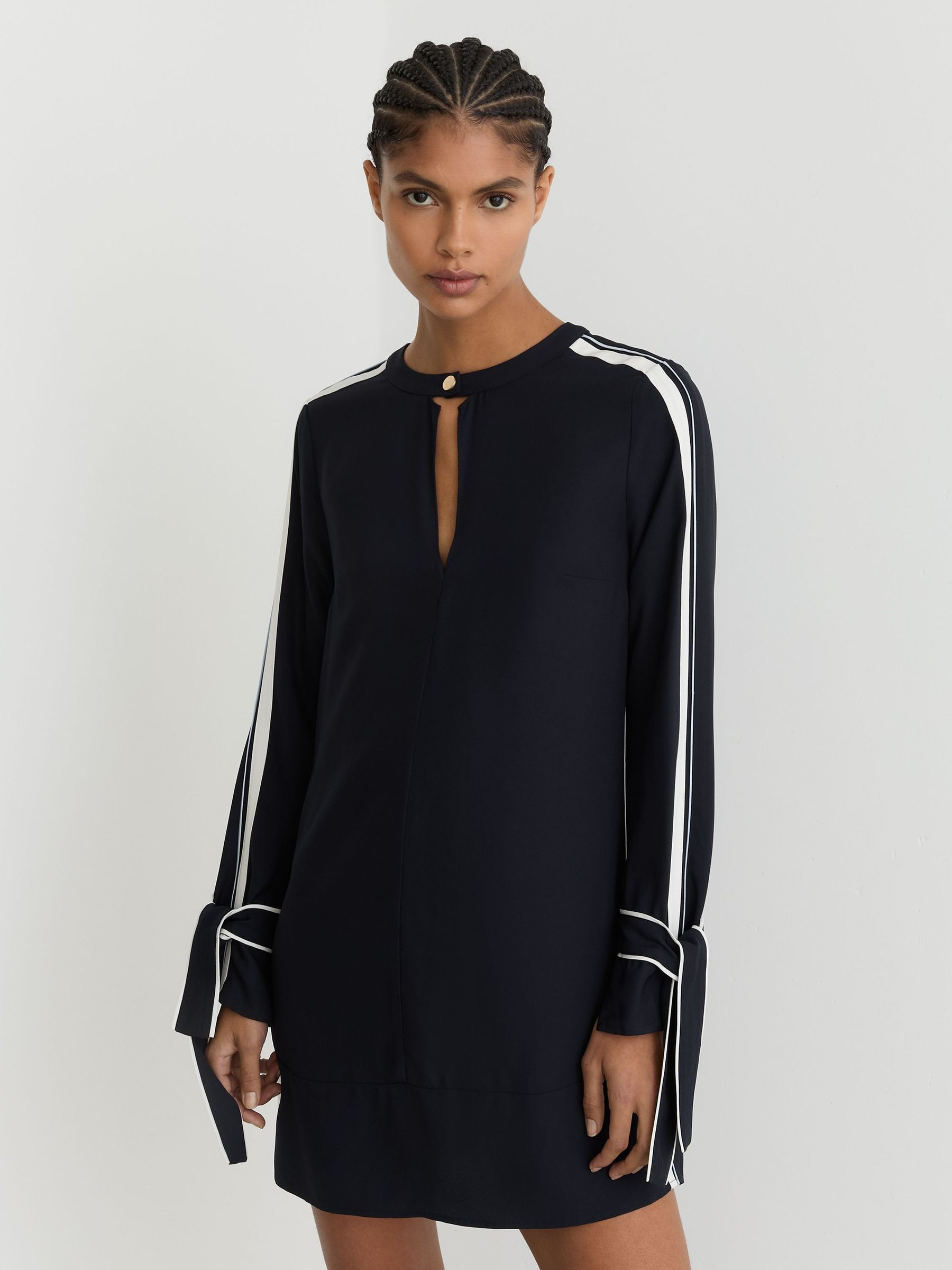 Tipped Tie-Cuff Shift Dress in Navy (W89601) | $295