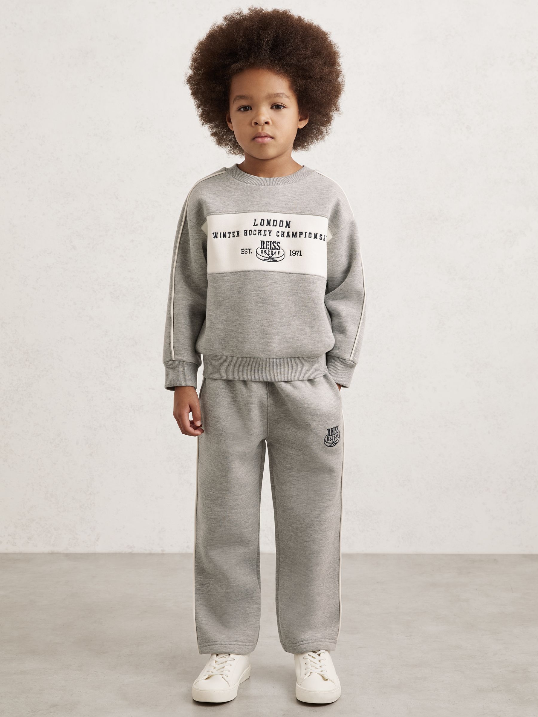 9-13 yrs Cotton-Blend Hockey Sweatshirt with Contrast-Piping in Grey Melange (W90081) | $75