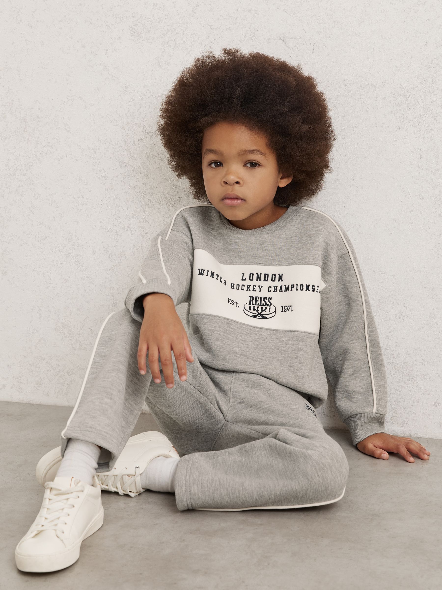 3-9 yrs Cotton-Blend Hockey Sweatshirt with Contrast-Piping in Grey Melange (W90082) | €55