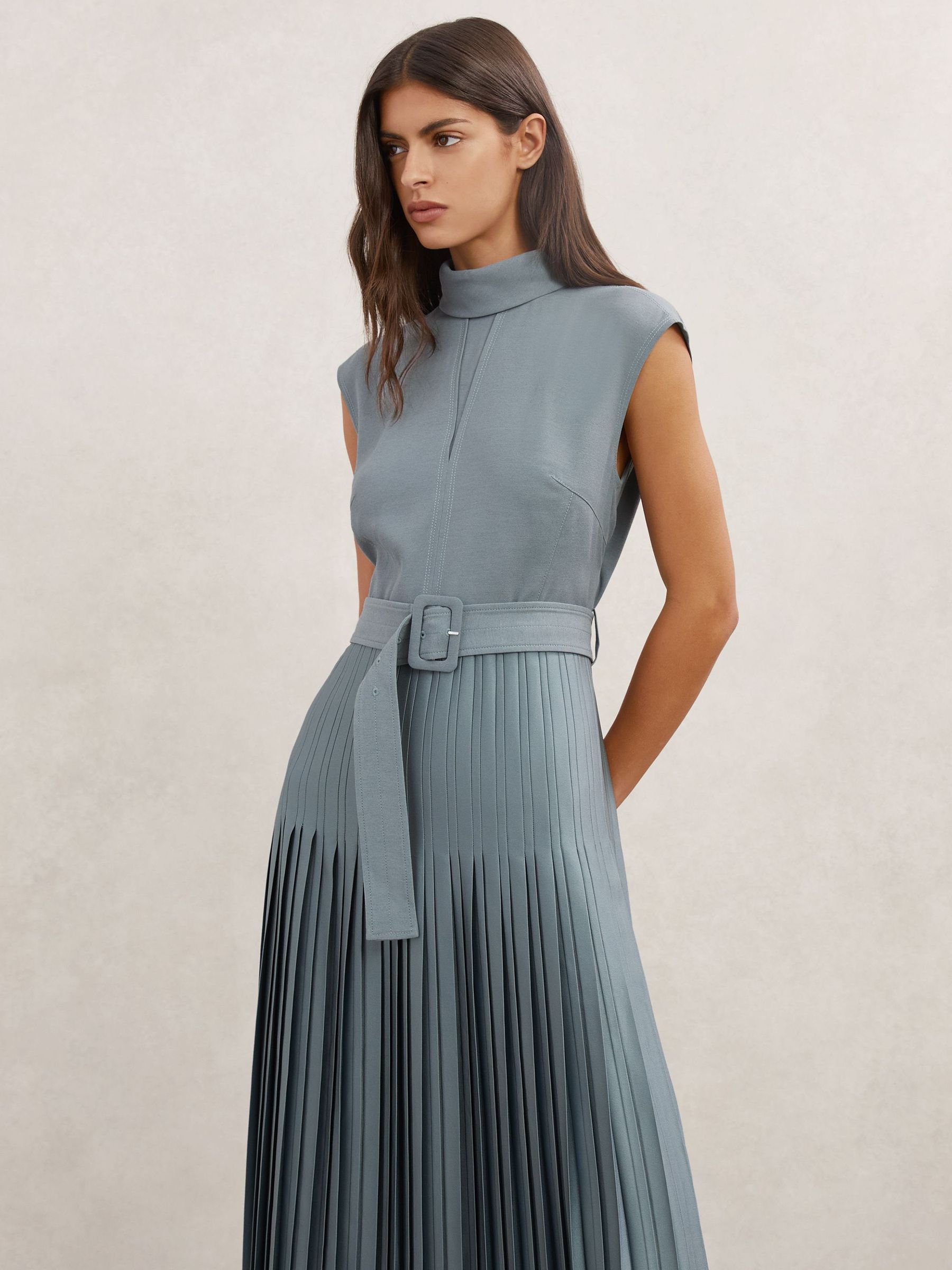 Roll-Neck Belted Pleated Midi Dress in Blue (W90547) | $410