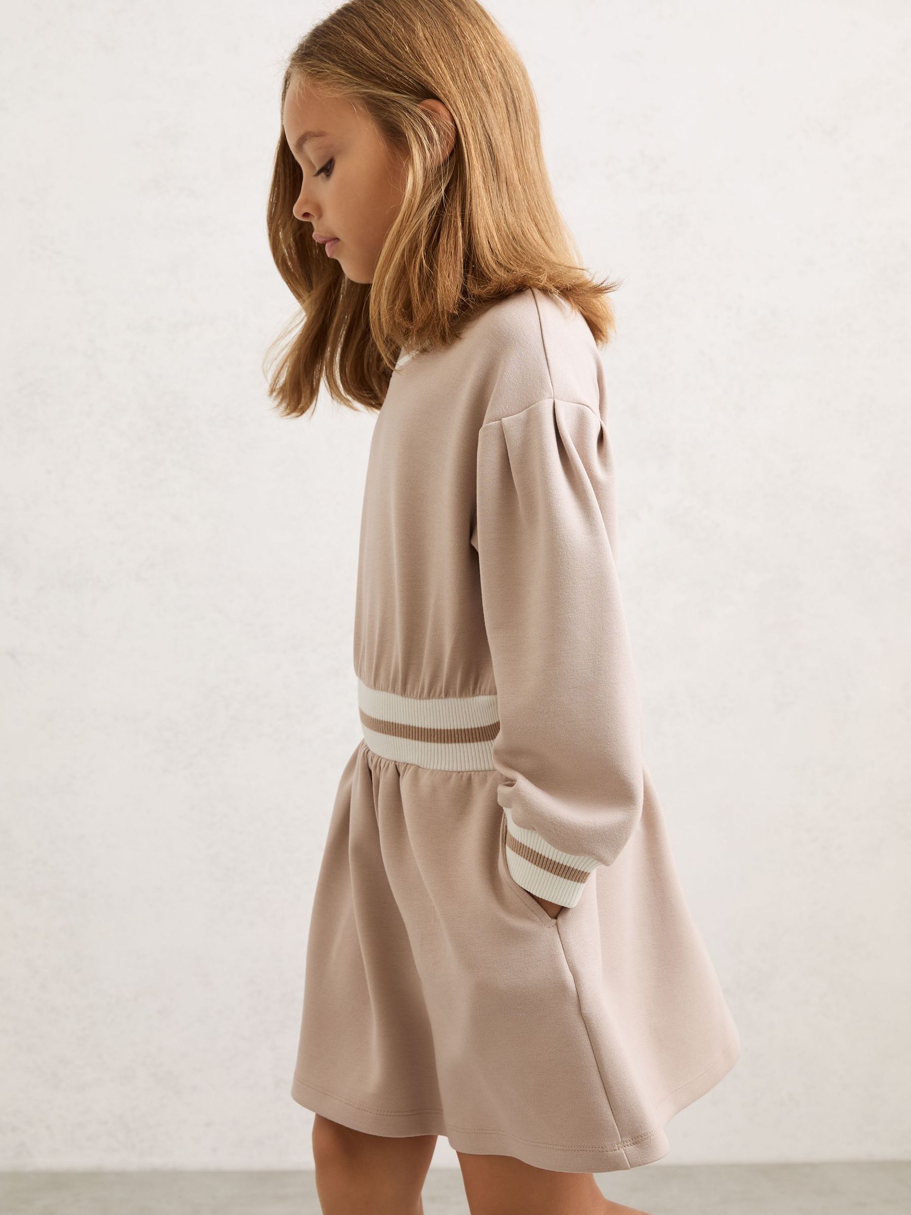 9-13 yrs Stripe-Trim Sweatshirt Dress in Neutral (W90618) | $85