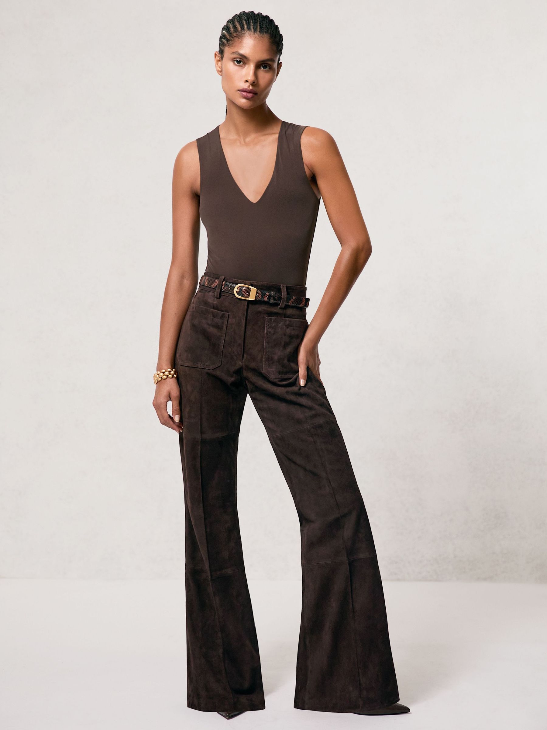Suede High-Rise Flared Trousers in Chocolate Brown (W93441) | 2,340 QAR