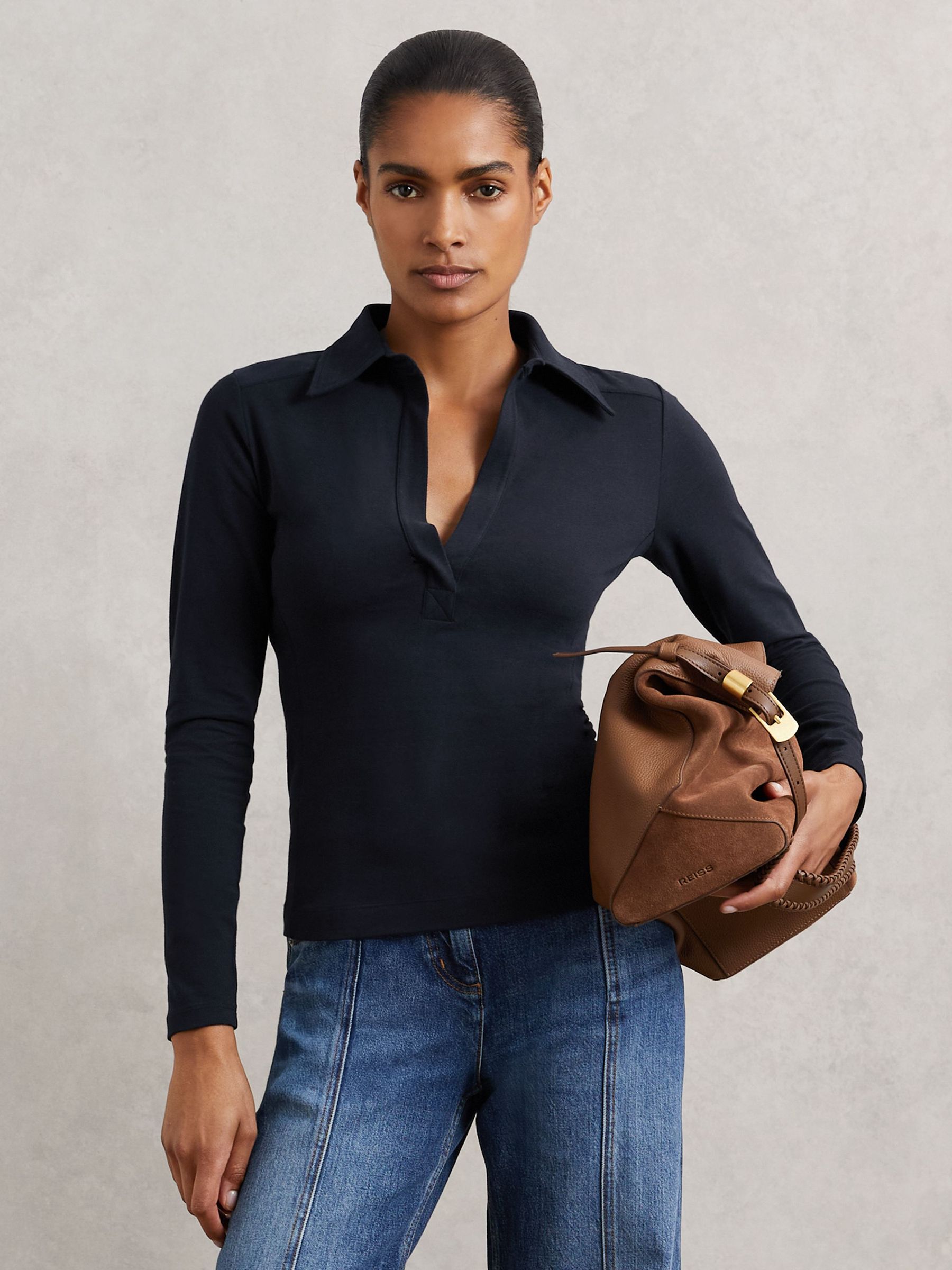 Stretch-Cotton Open-Collar Shirt in Navy (W94254) | 370 QAR