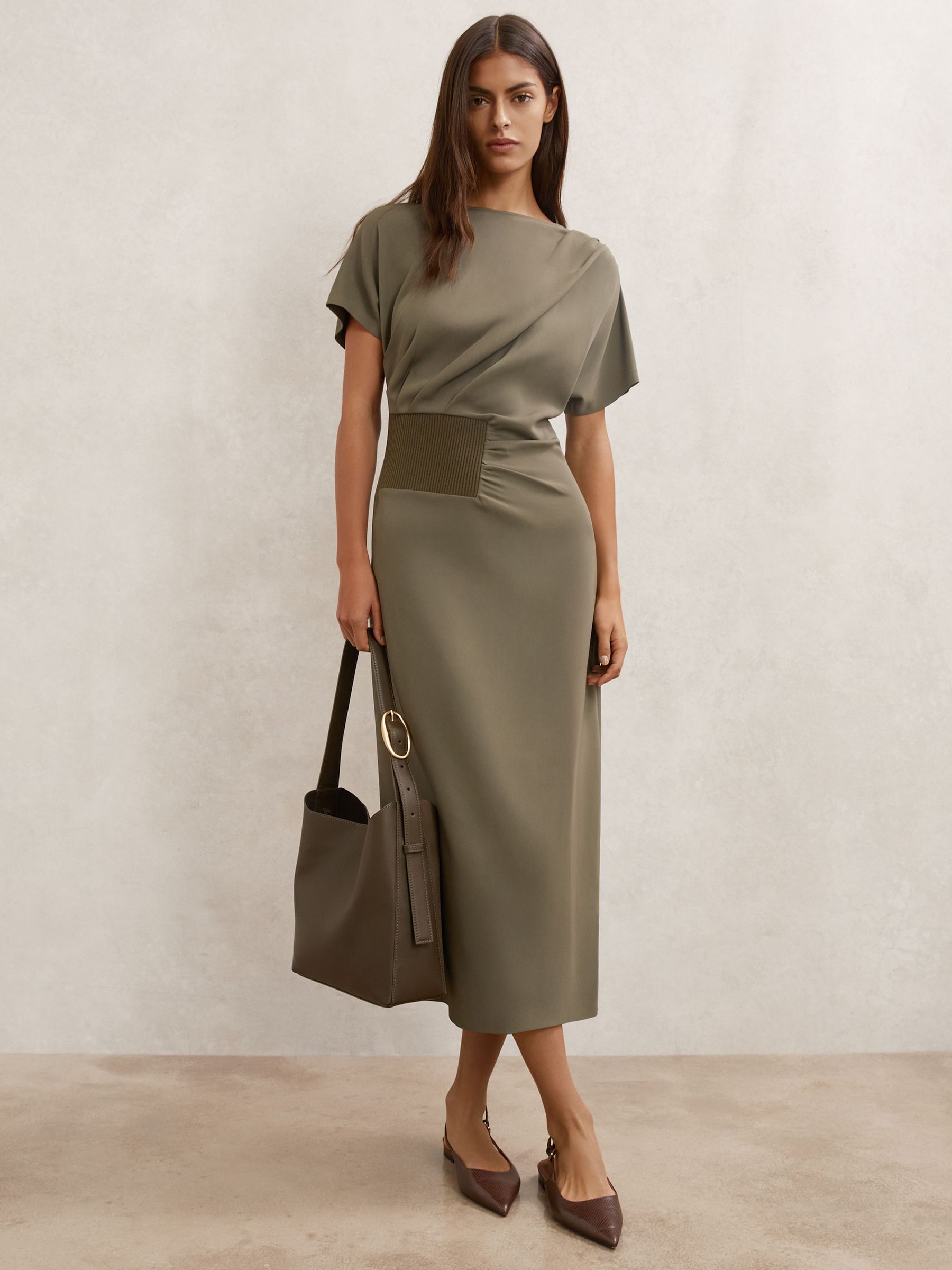Ribbed-Panel Draped Midi Dress in Khaki Green (W95887) | $345