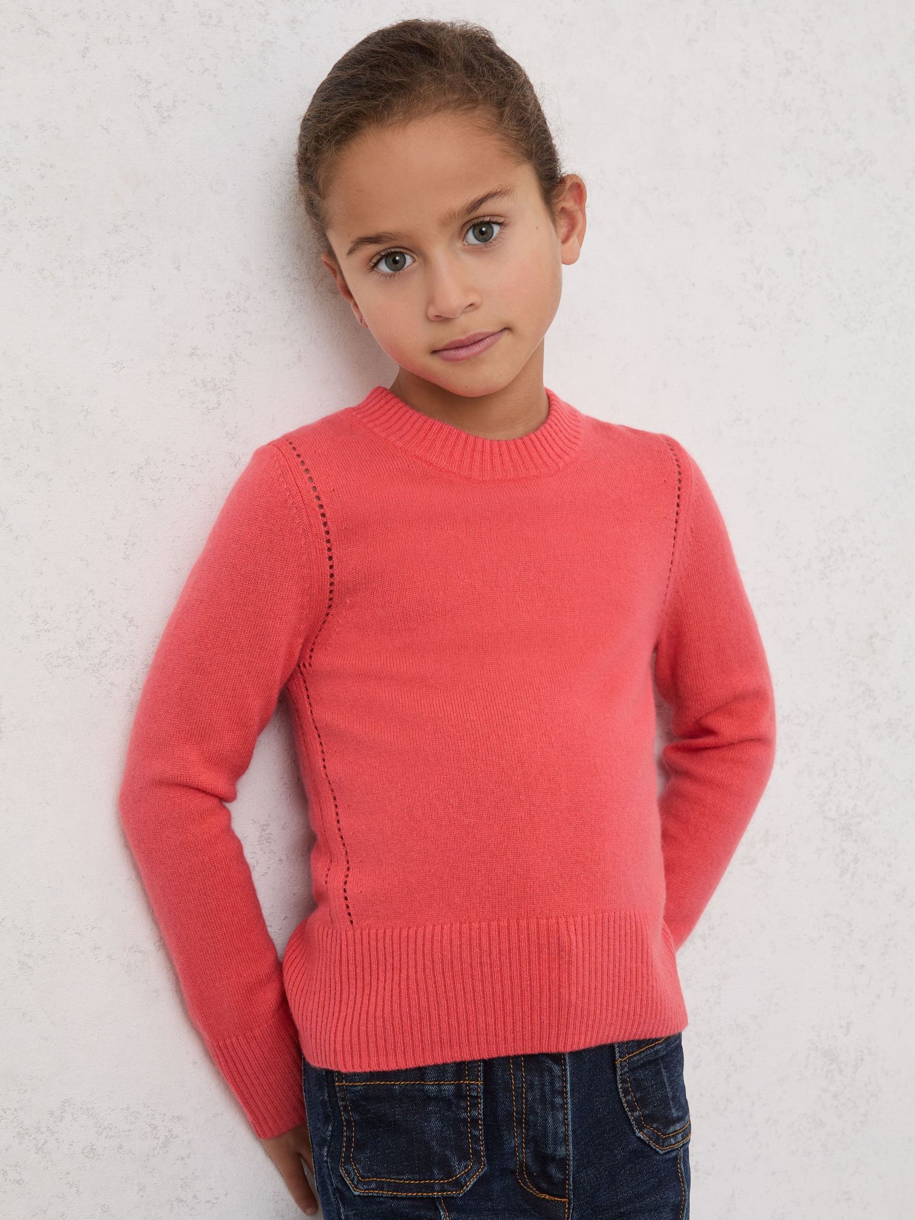 Wool-Blend Open-Stitch Jumper with Cashmere in Coral (W95902) | $65