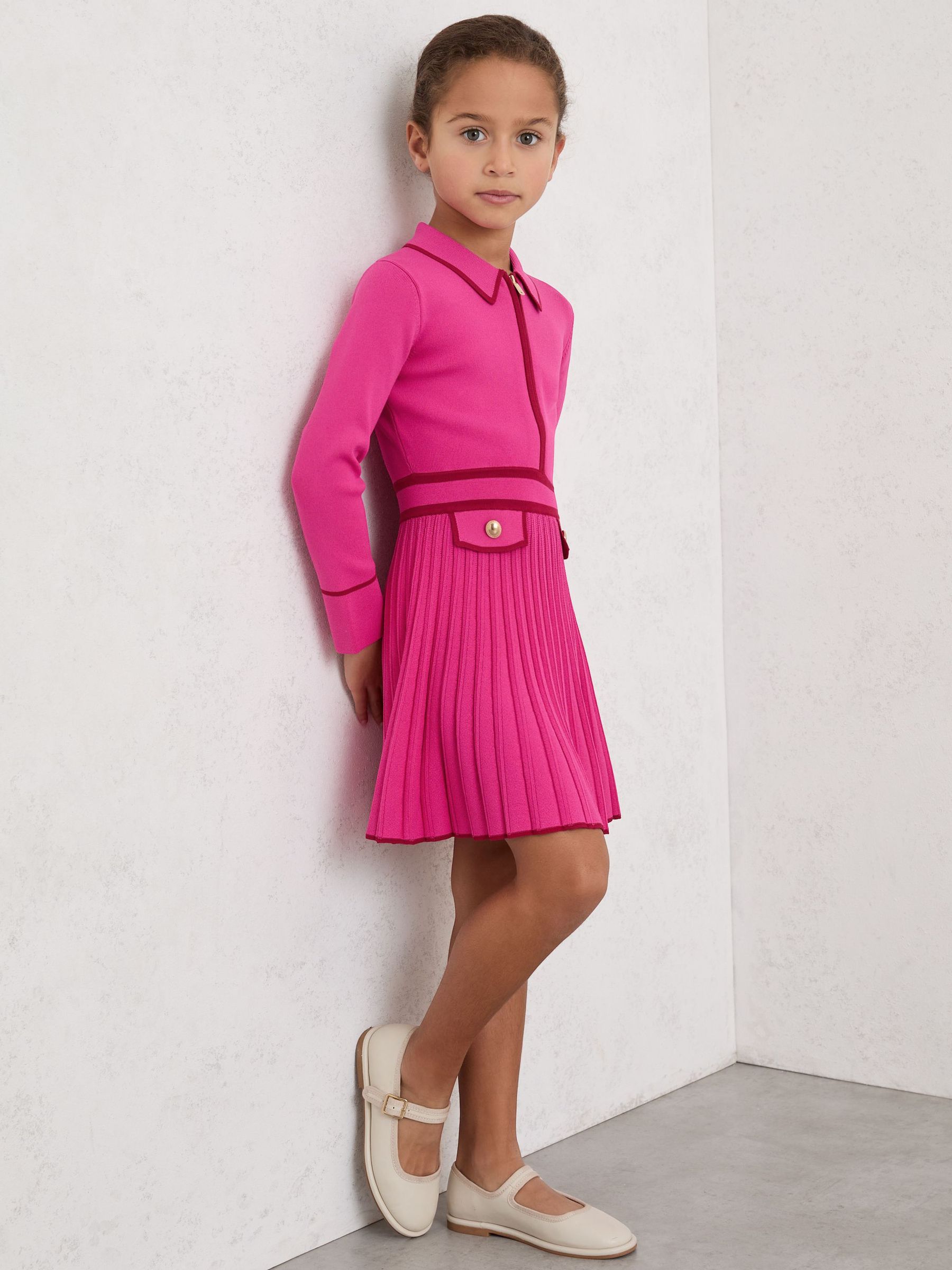3-9 yrs Pleated Tipped Knit Dress in Bright Pink (W95903) | $120