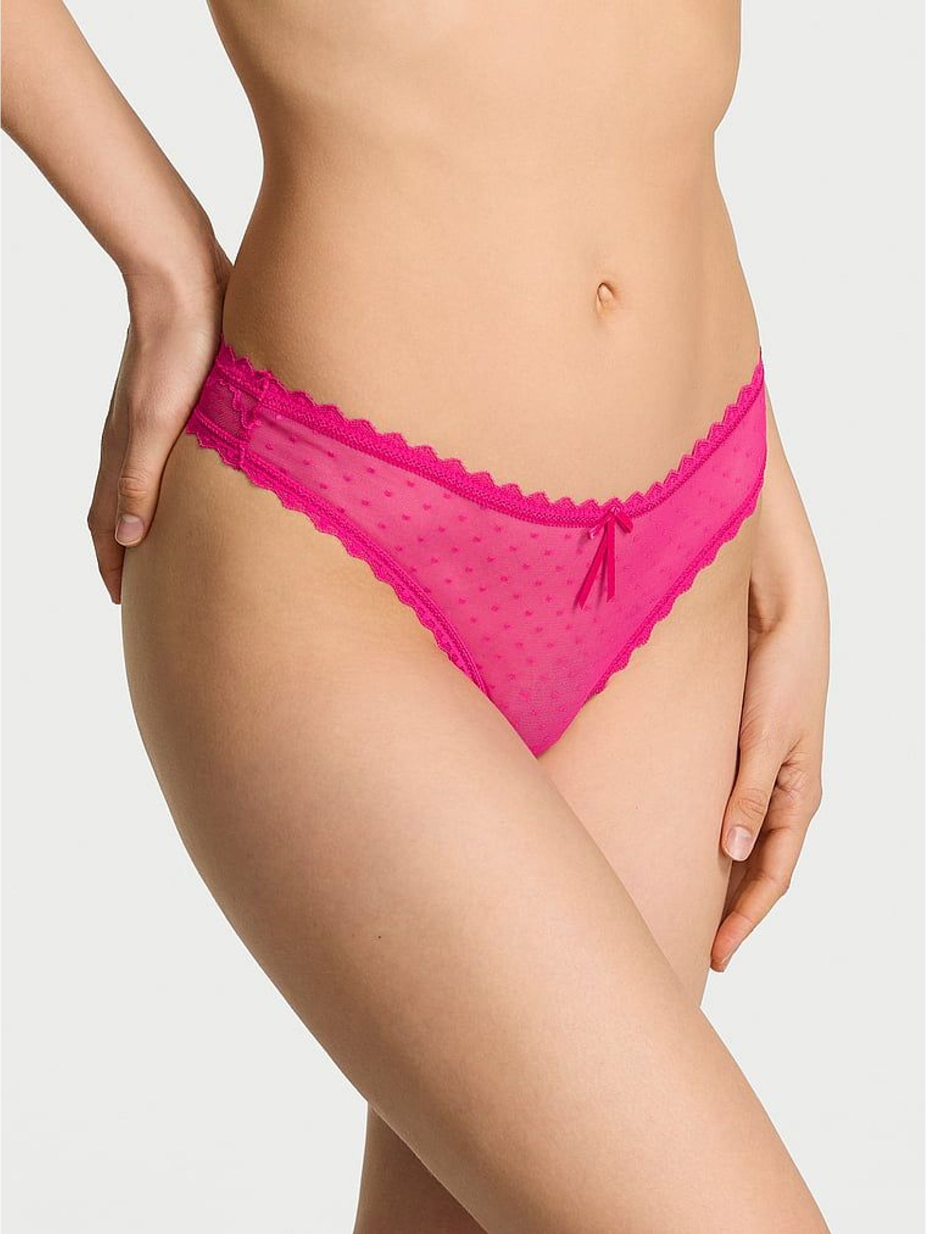 Pop Pink Thong Bow Lace Mesh Knickers (W96178) | €13