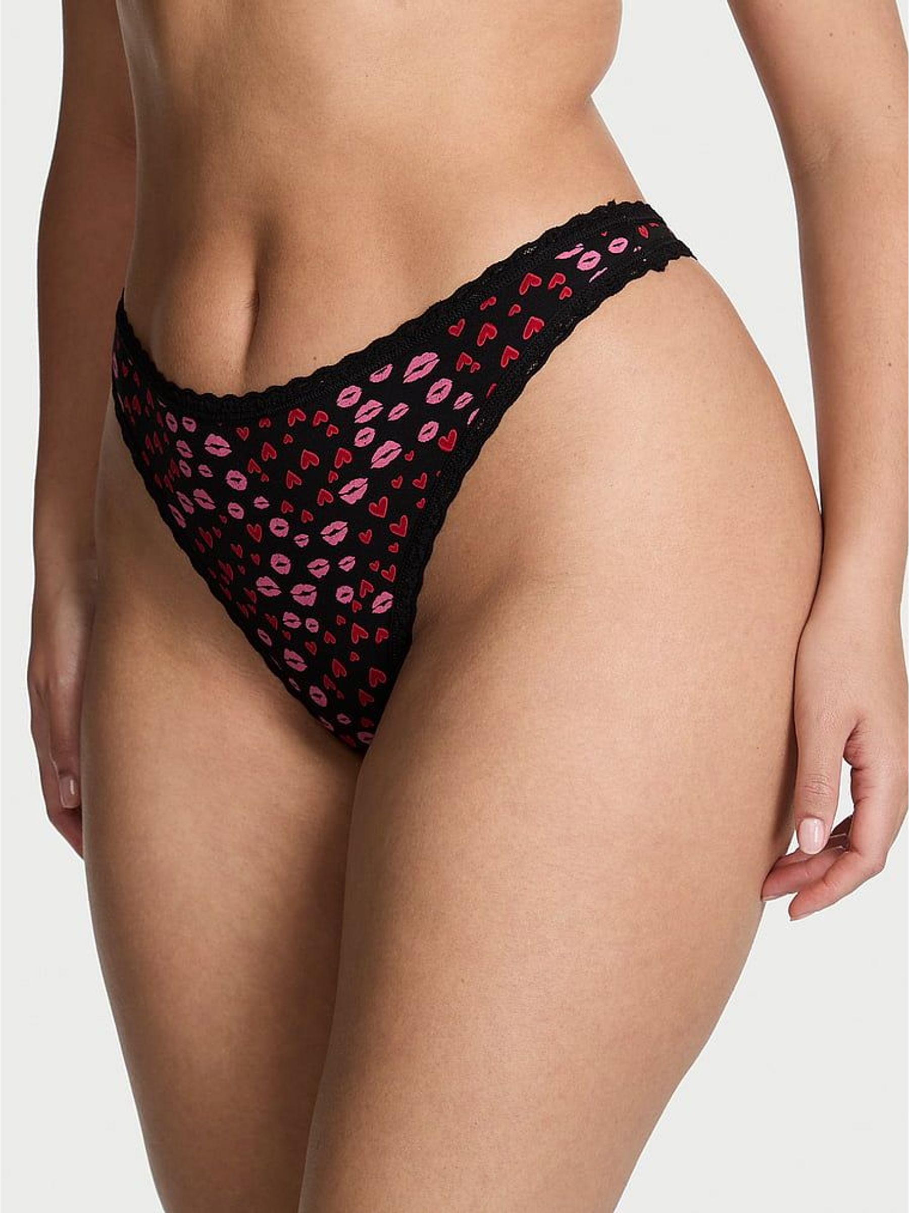Black Kisses Thong Cotton Lace Trim Knickers (W96182) | €13