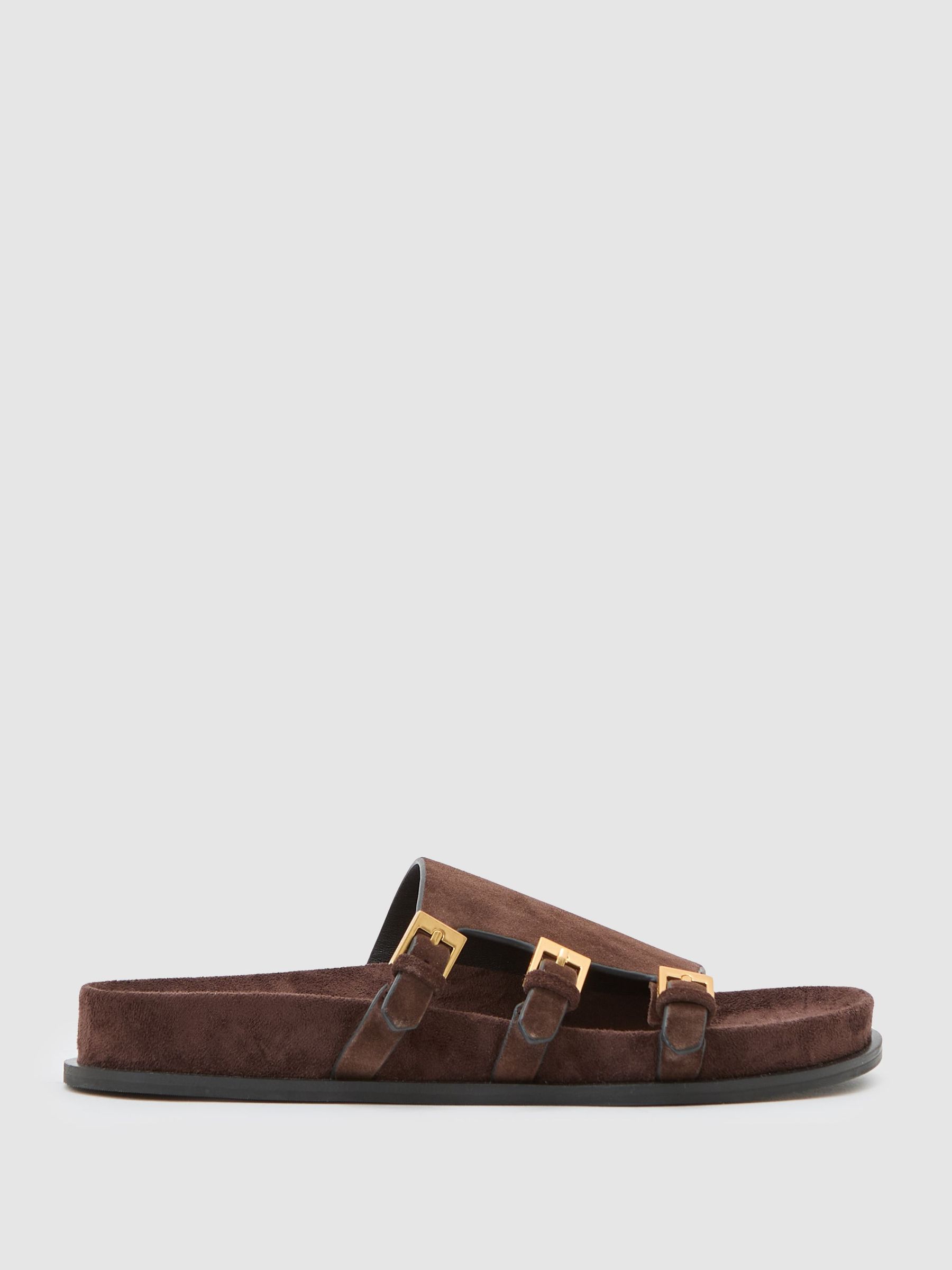 Suede Buckle-Strap Slip-On Sandals in Chocolate (Y00550) | $275