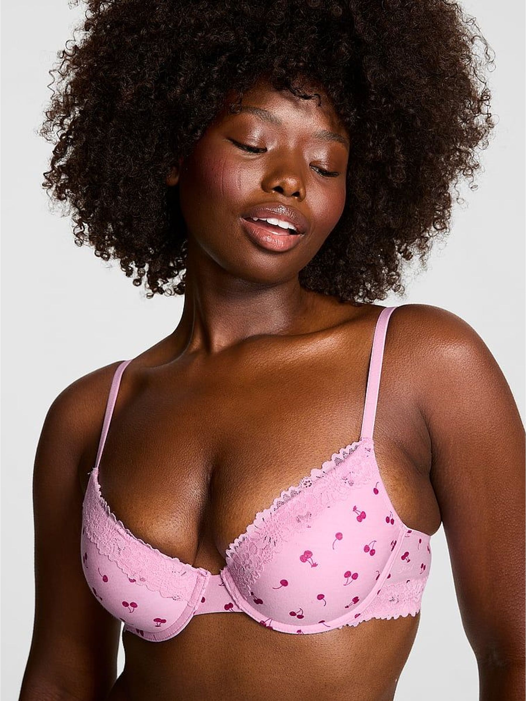 Hushed Lilac Purple Cherry Print Push Up Cotton Heather Lace Trim Bra (Y01534) | €37