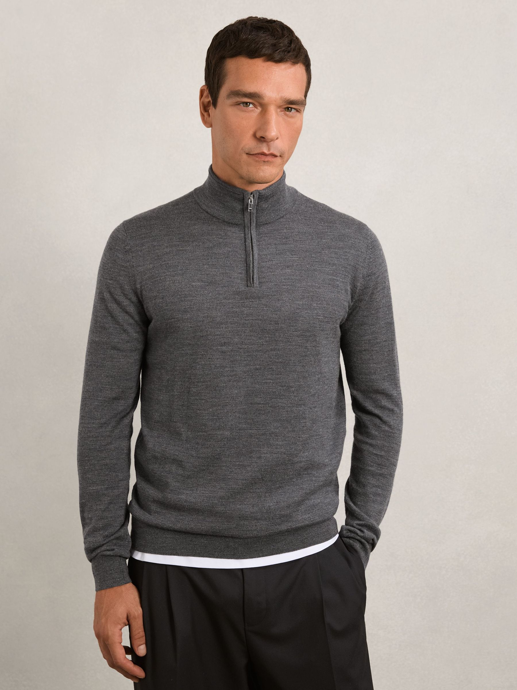 Merino Wool Half-Zip Jumper in Derby Grey Melange (Y04682) | $170