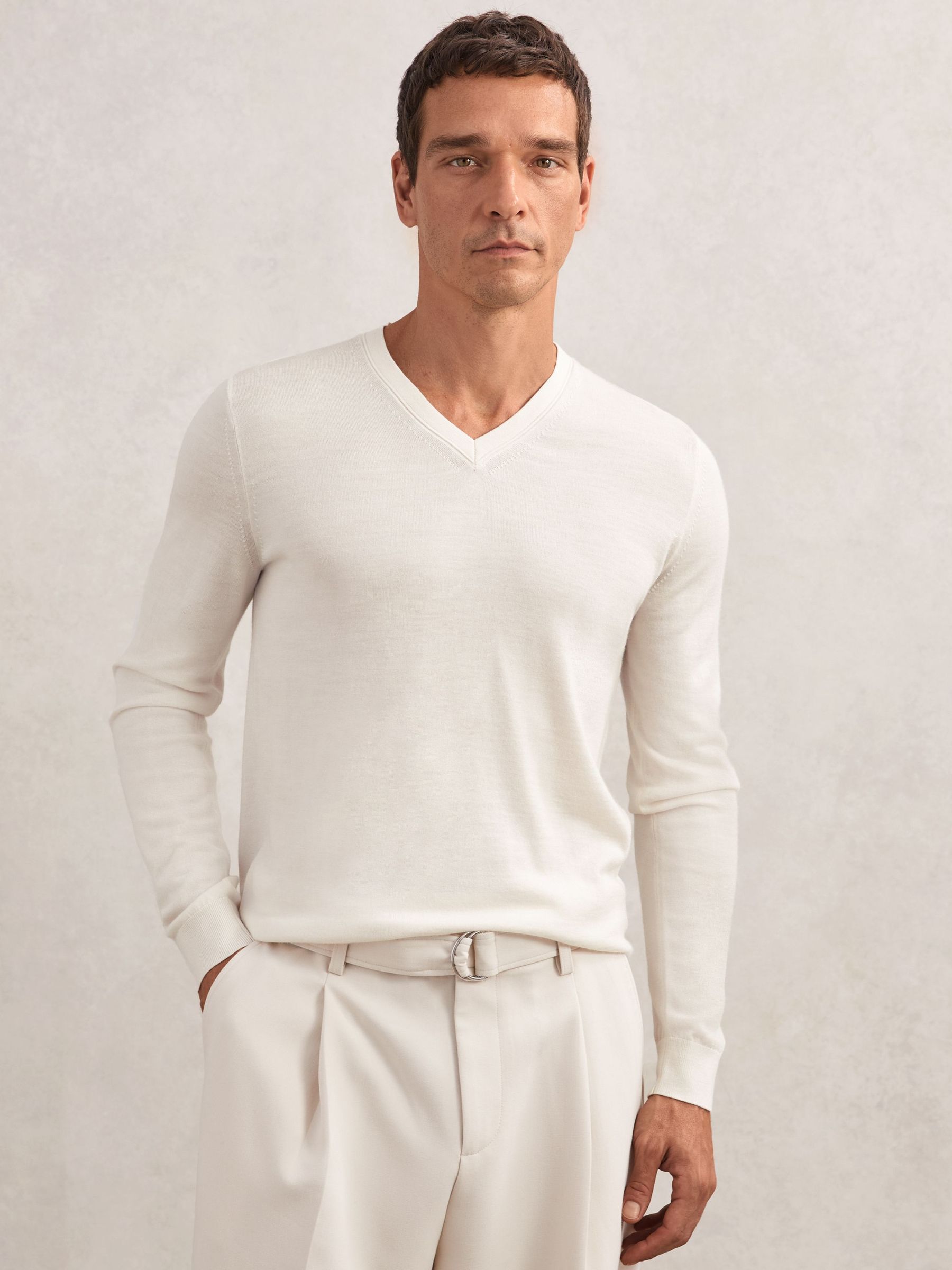 Merino Wool V-Neck Jumper in White (Y04684) | $155