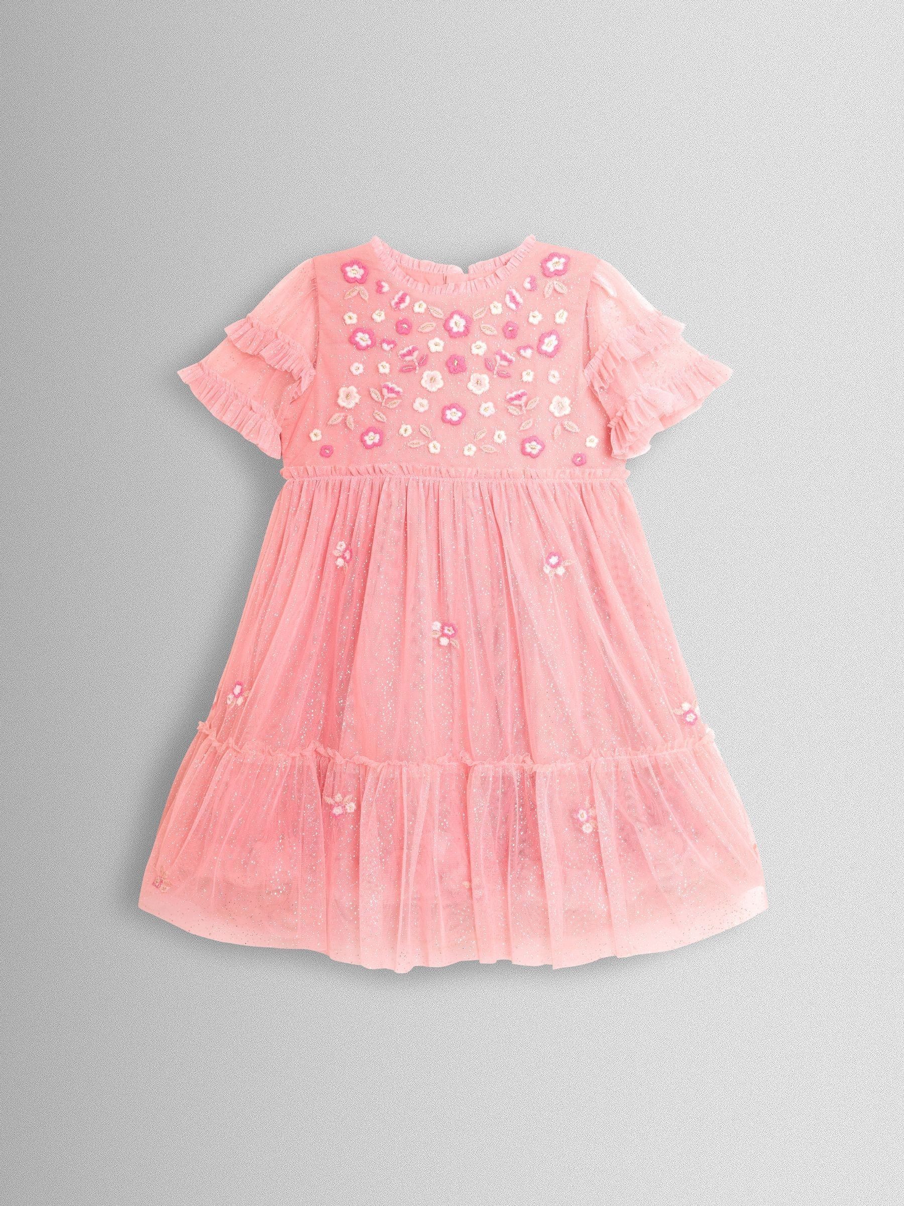 Light Pink Floral Embroidered Tiered Tulle Party Dress (Y07332) | $62 - $72