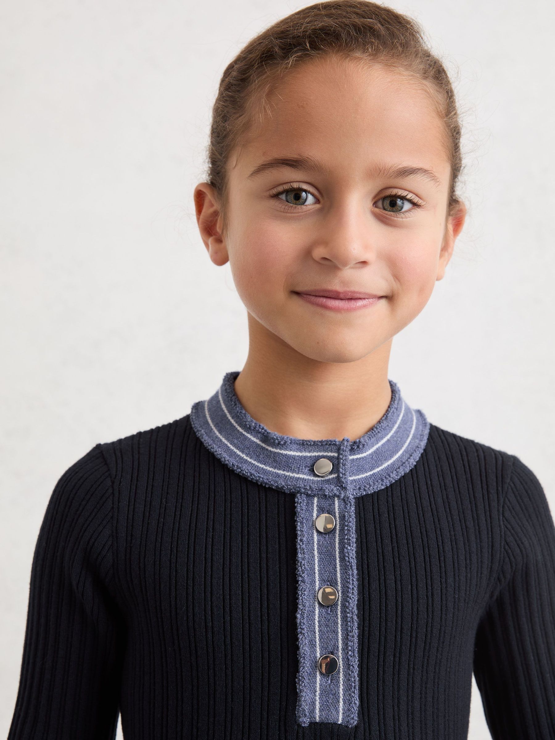 9-13 yrs Contrast-Trim Rib-Knit Skater Dress in Navy (Y09744) | $130