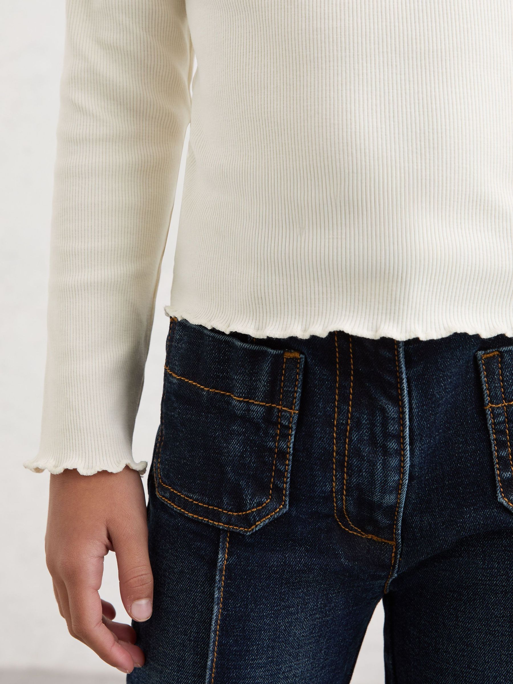 9-13 yrs Stretch-Cotton Lettuce-Trim Ribbed Top in Ecru (Y09749) | $35