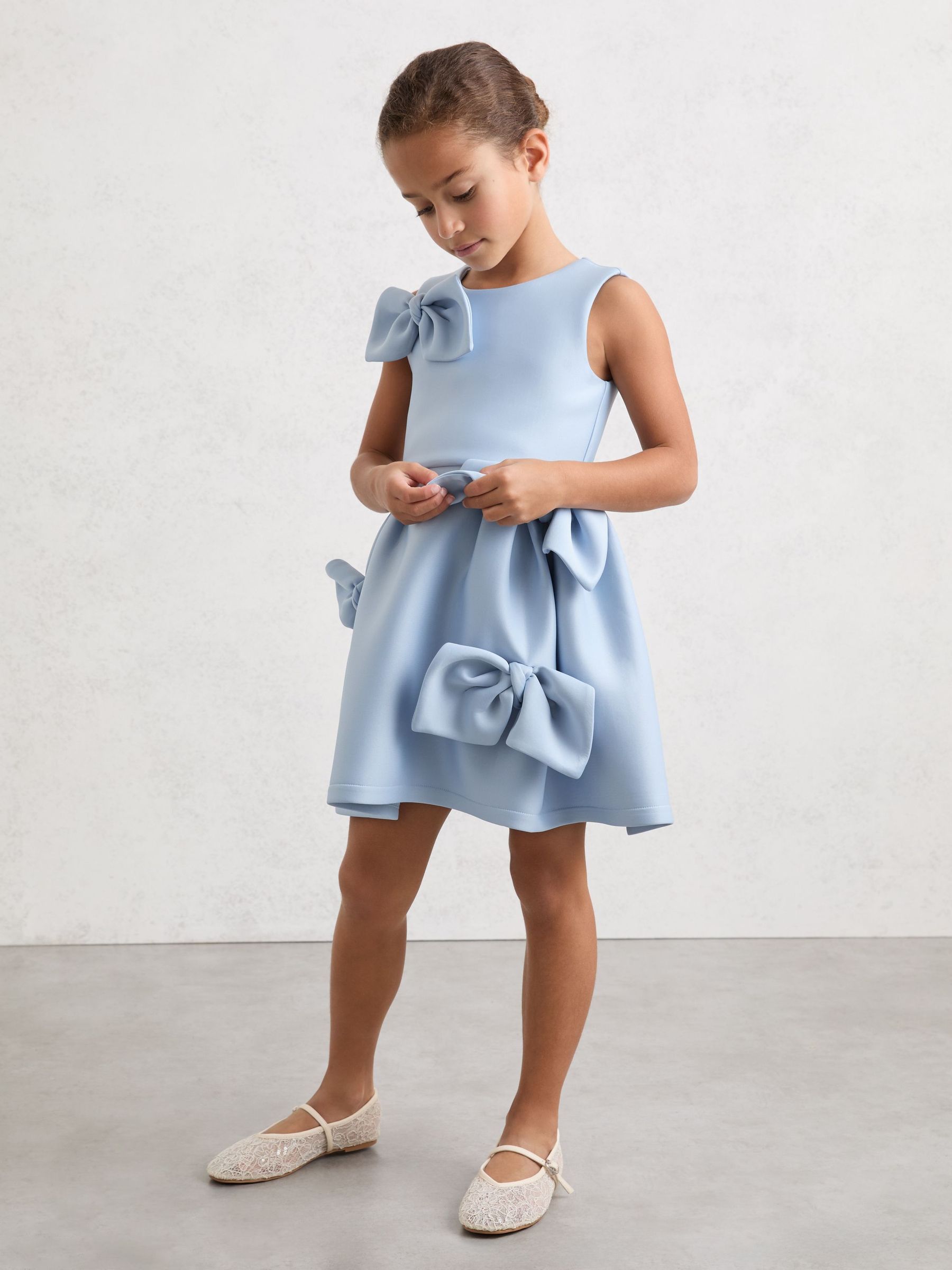 3-9 yrs Scuba Bow-Detail Flared Dress in Pale Blue (Y09751) | $85
