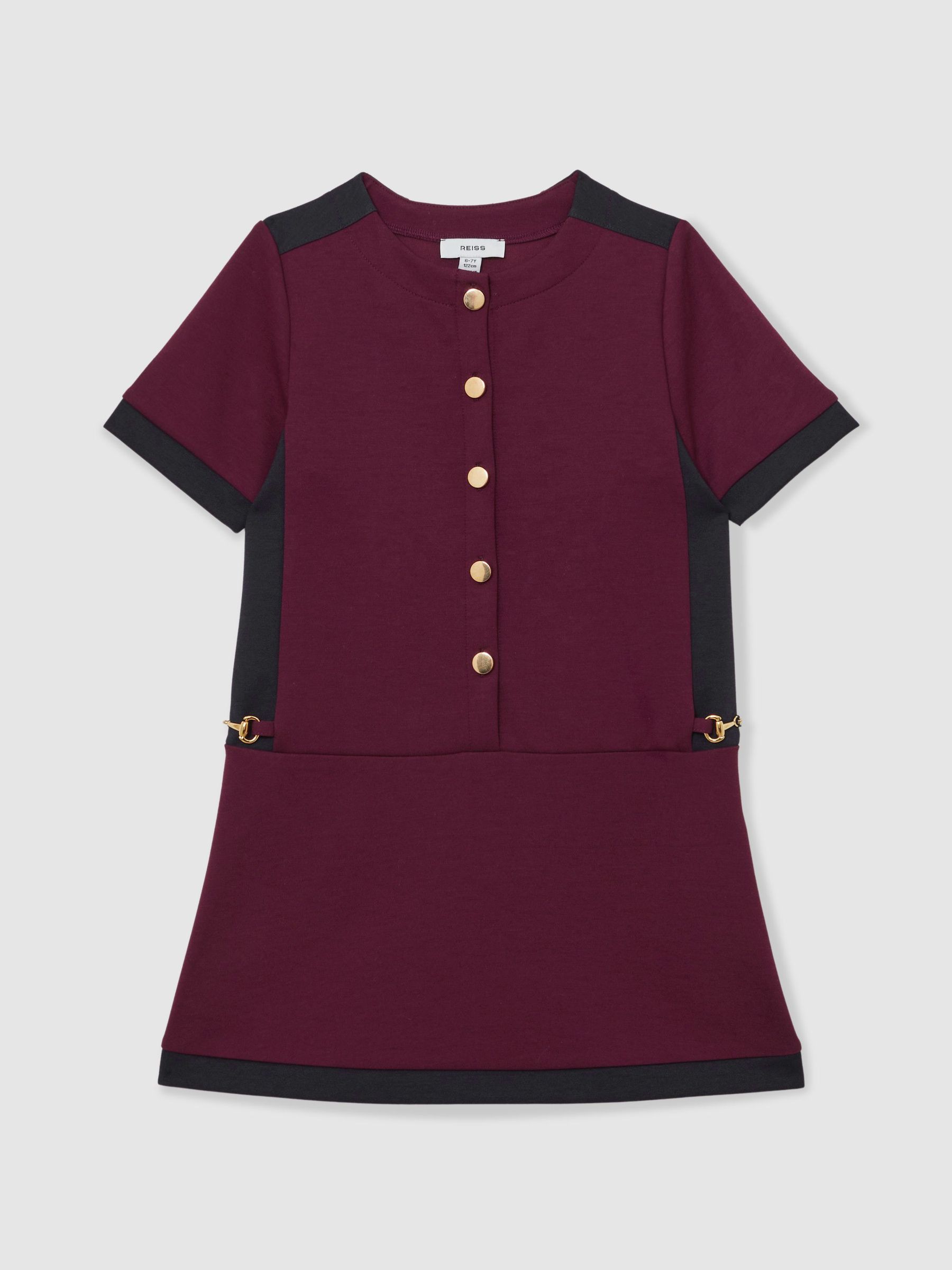 13-14 yrs Premium Interlock Colour-Block Button Dress in Burgundy (Y09754) | $95
