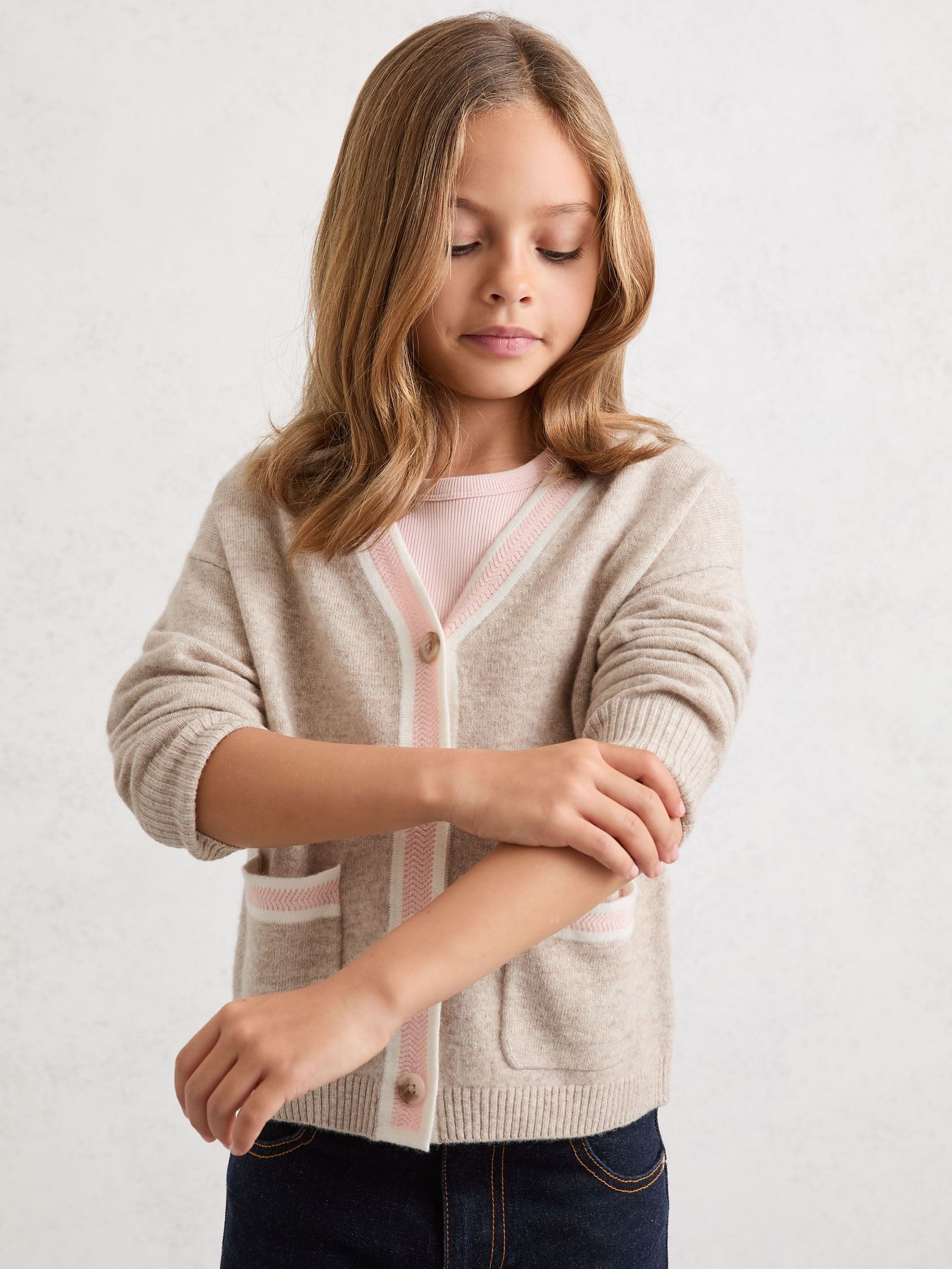 9-13 yrs Wool-Blend Tipped Cardigan with Cashmere in Neutral (Y09765) | $75