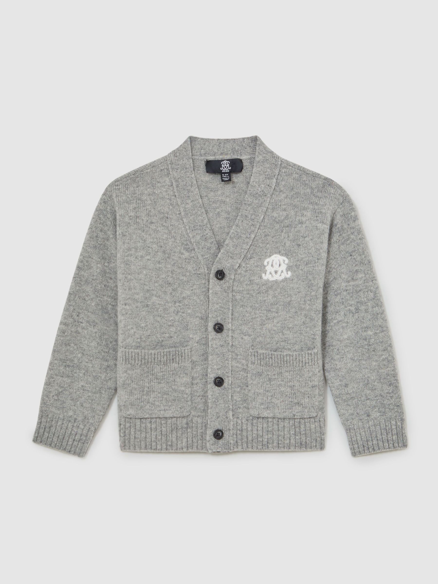 13-14 yrs Monogram Relaxed Wool-Blend Cardigan in Soft Grey Melange (Y11084) | $85
