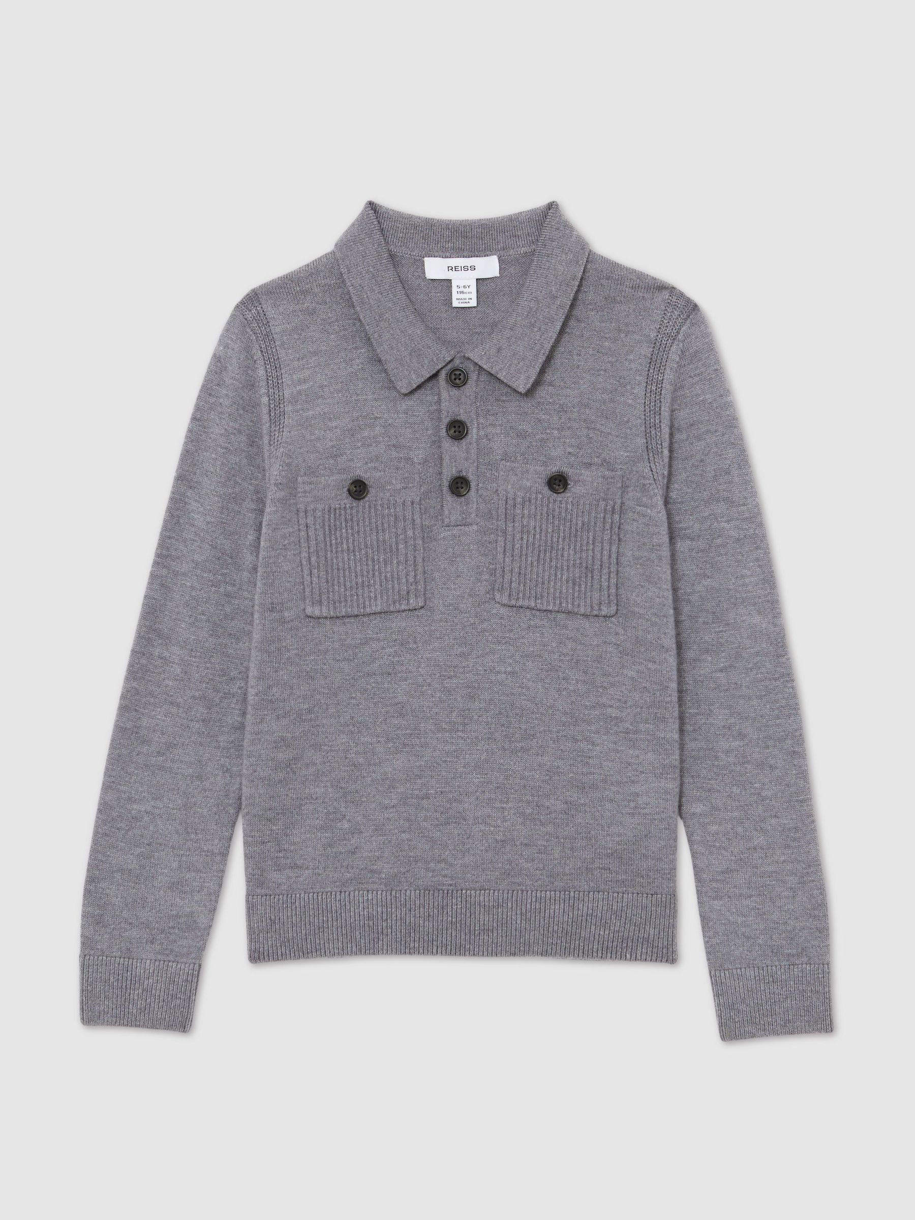 13-14 yrs Half-Button Twin-Pocket Polo Jumper with Merino Wool in Grey Melange (Y11086) | $80