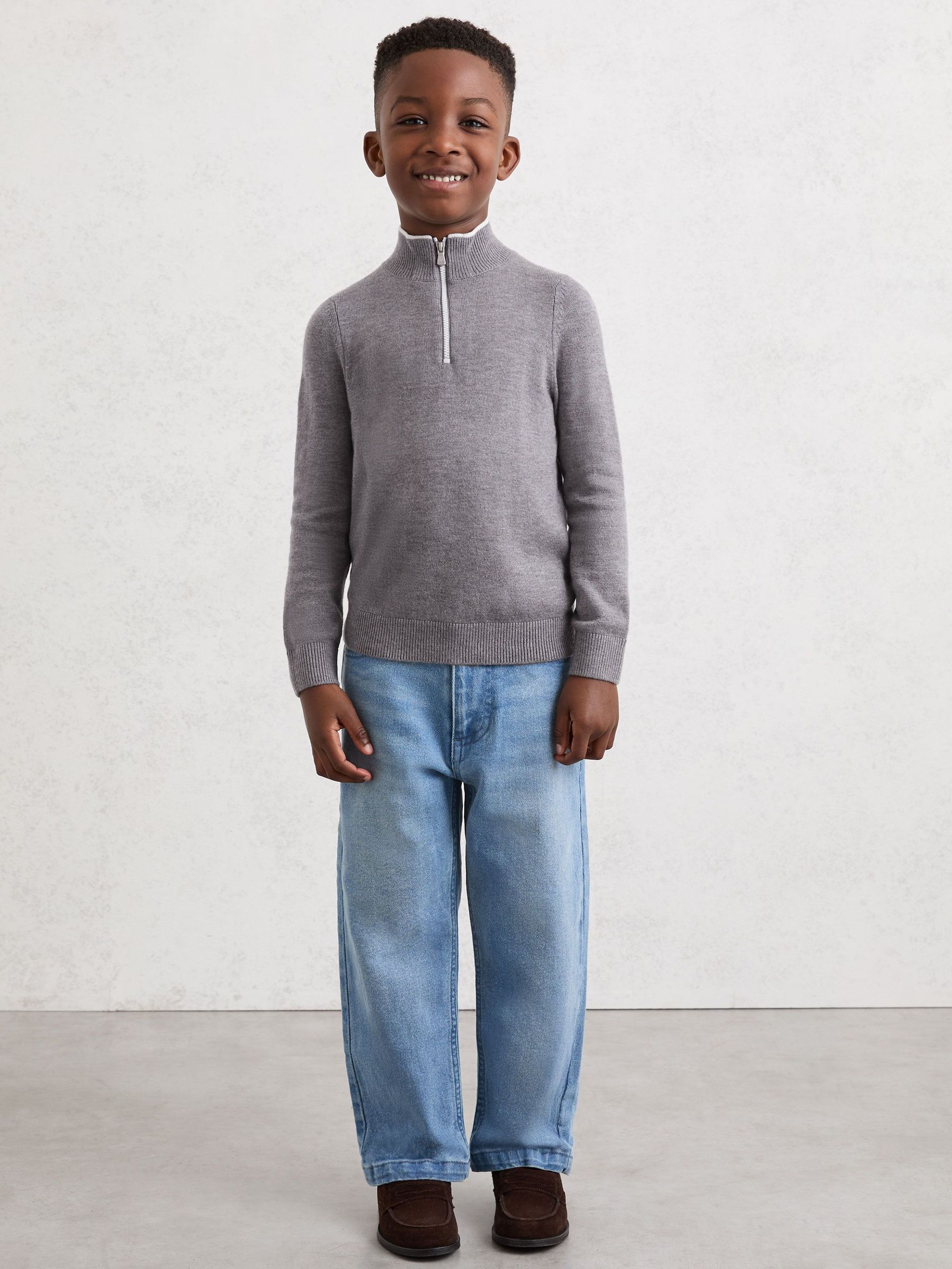 3-9 yrs Half-Zip Funnel-Neck Jumper with Wool in Grey/White (Y11094) | $75