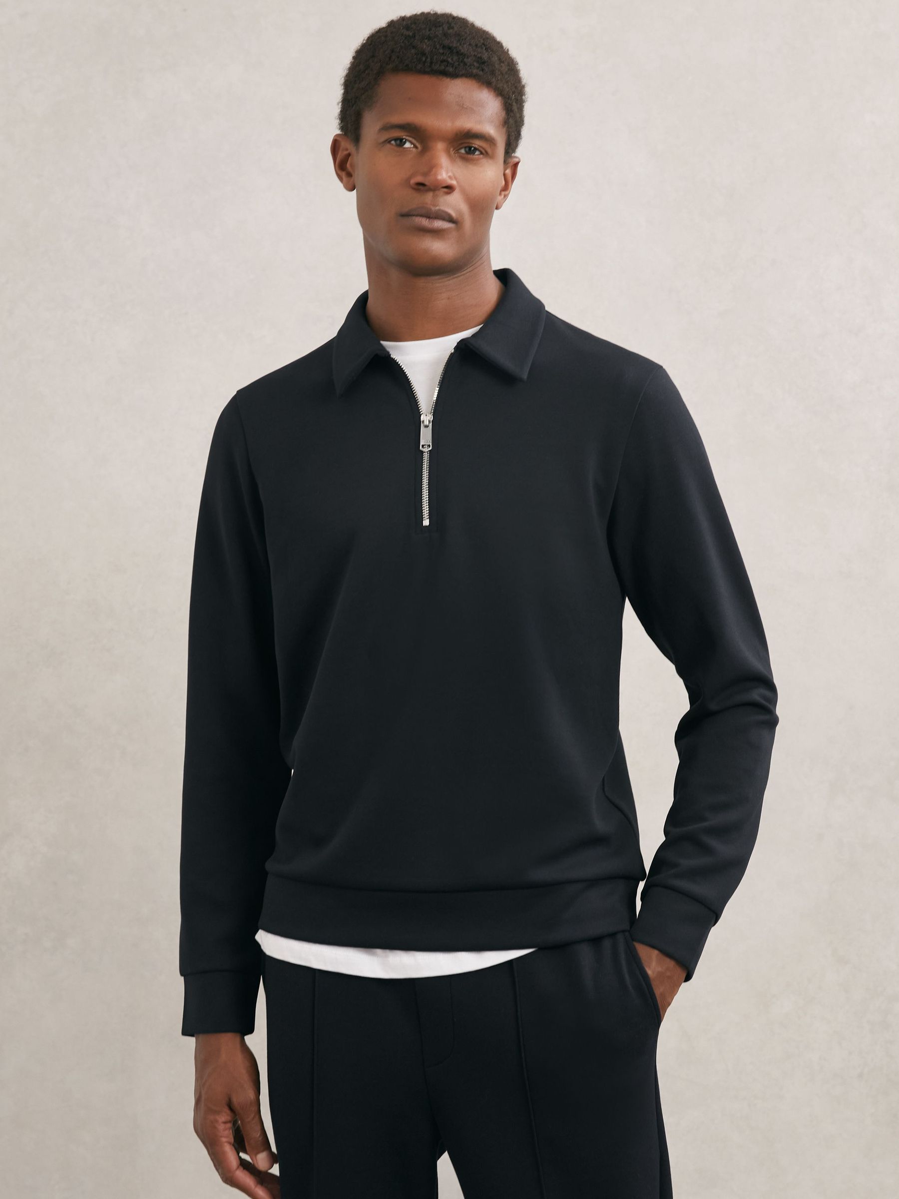 Premium Interlock Half-Zip Polo Sweatshirt in Navy Blue (Y12377) | $170