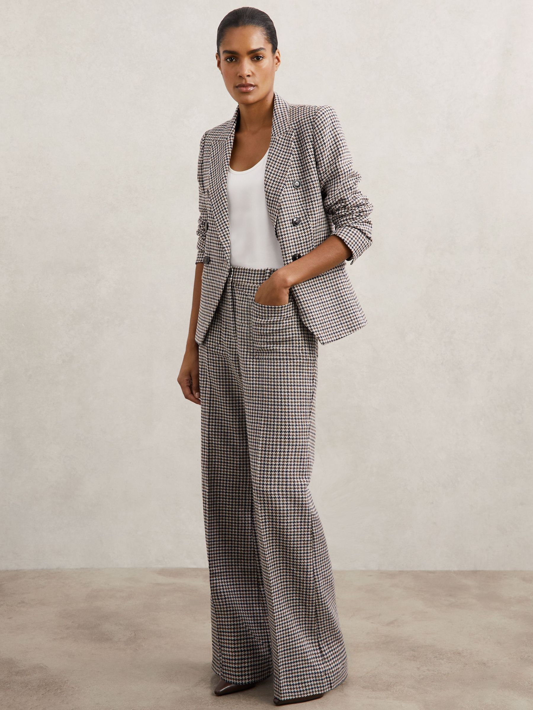 Cotton-Linen Check Flared Trousers in Navy Neutral Check (Y12404) | 980 QAR