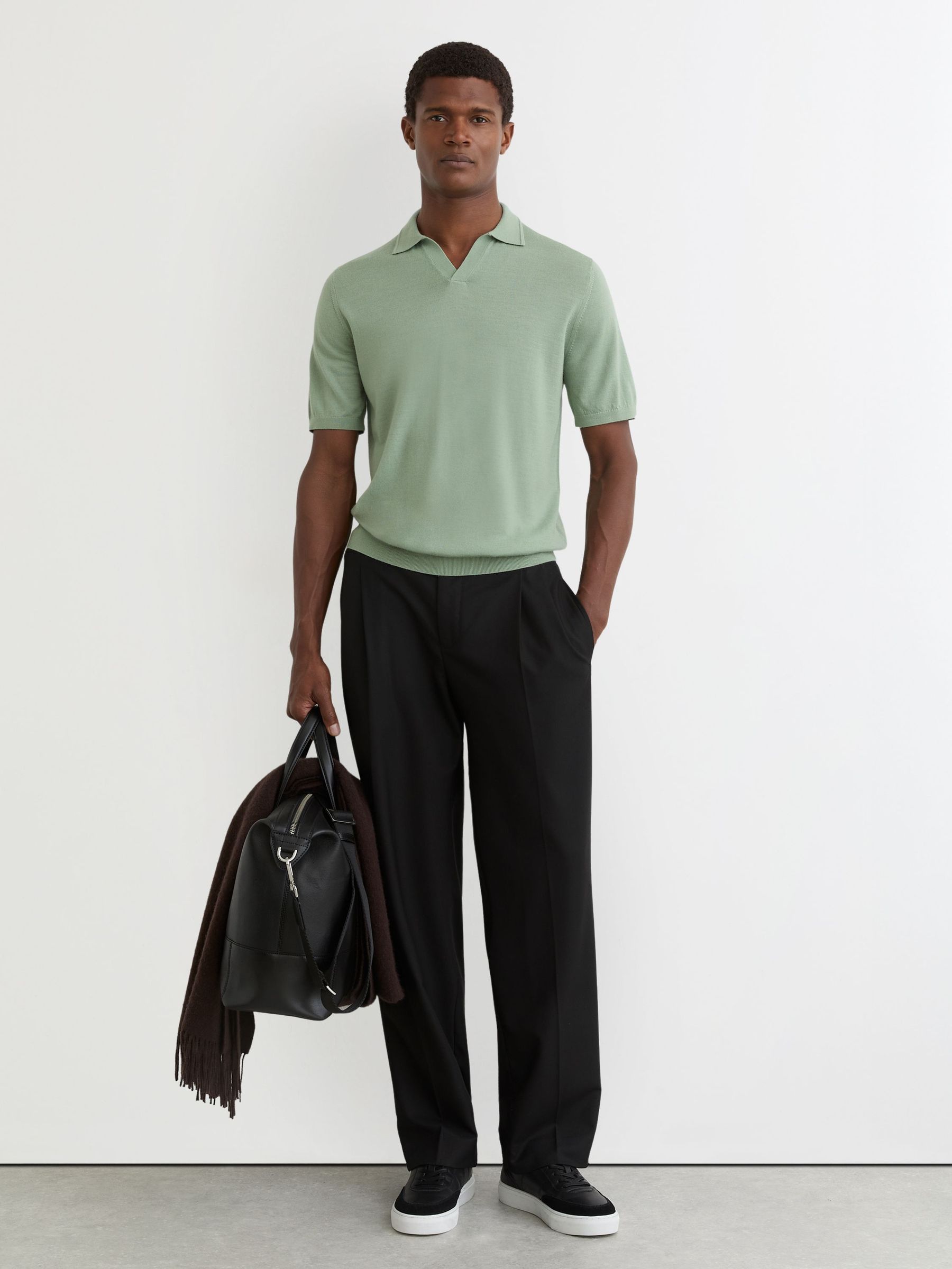 Merino Wool Open-Collar Polo Shirt in Light Sage Green (Y12409) | €115