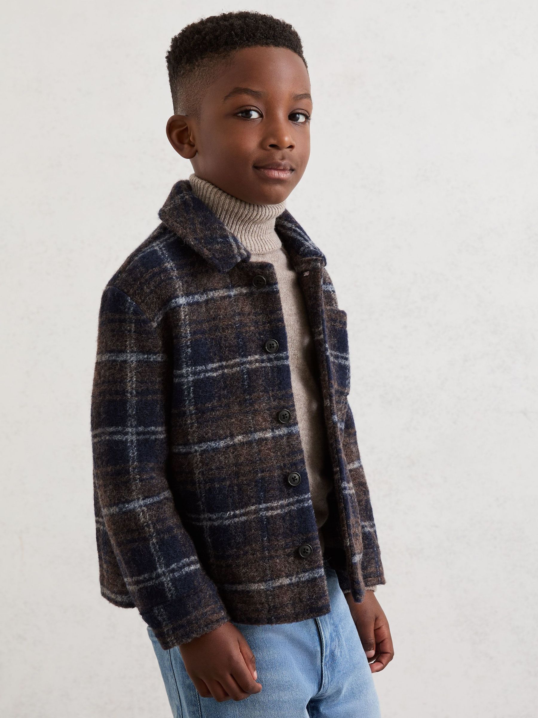 9-13 yrs Button-Through Check Overshirt with Wool in Navy/Blue/Brown (Y14388) | $95
