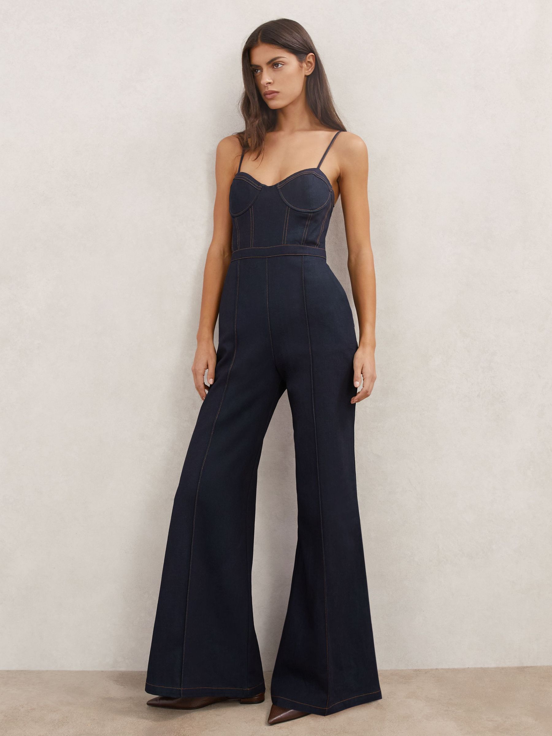 Wide-Leg Bustier Denim Jumpsuit in Indigo Blue (Y14415) | $490