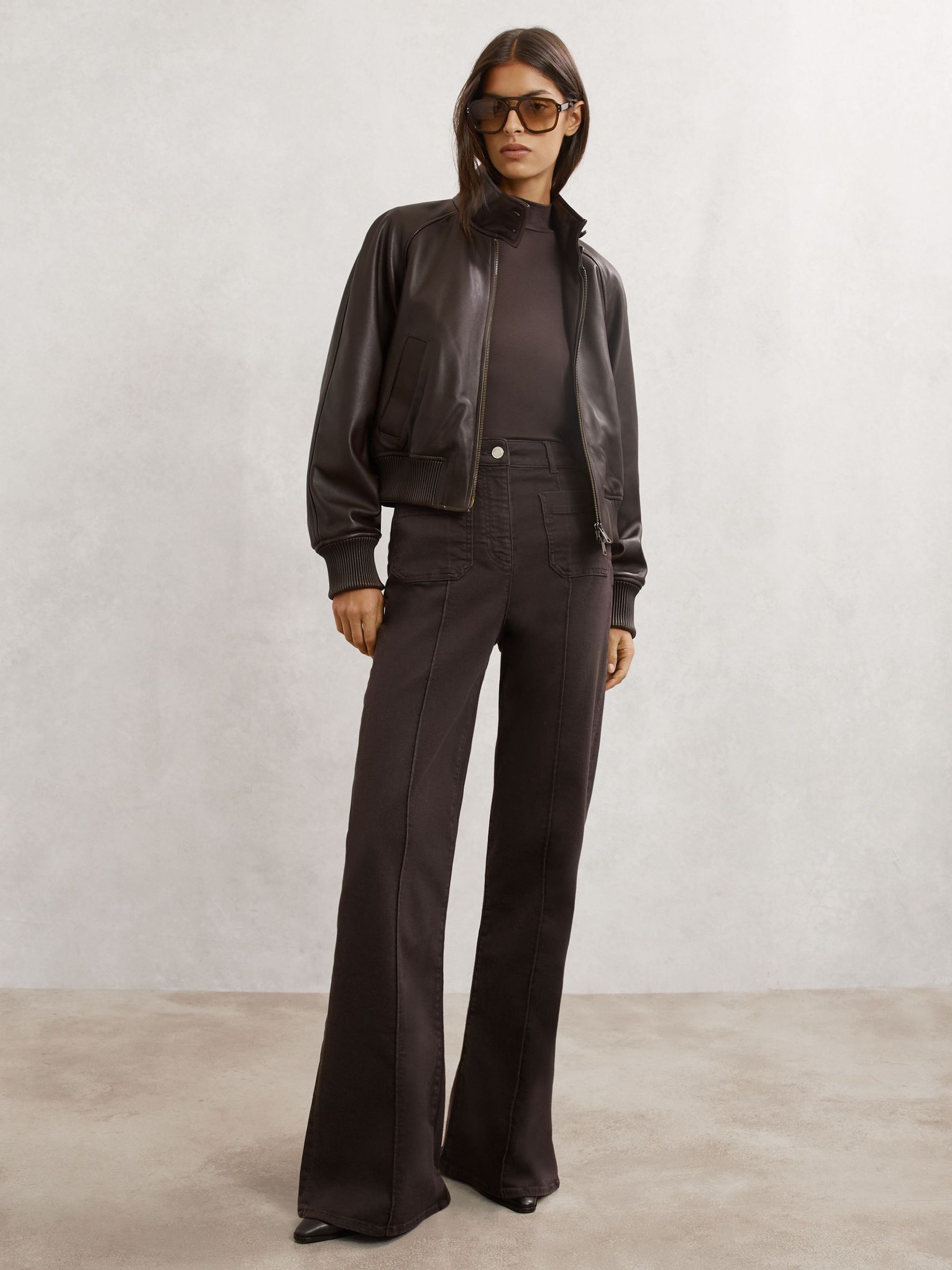 Leather Funnel-Neck Bomber Jacket in Chocolate Brown (Y20883) | CA$885