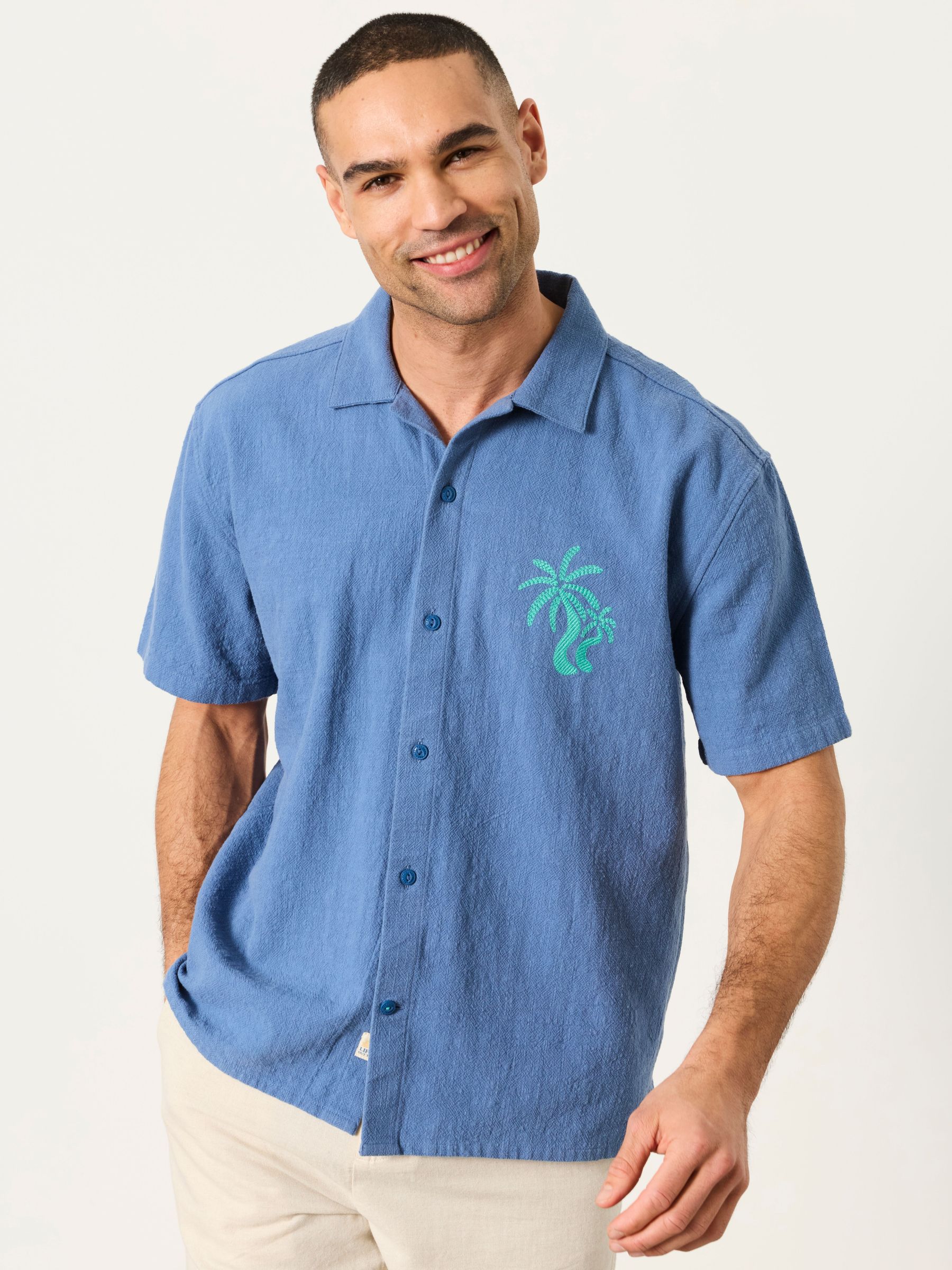 Blue - Regular Short Sleeve Relaxed Fit Graphic Placement Embroidery Shirt