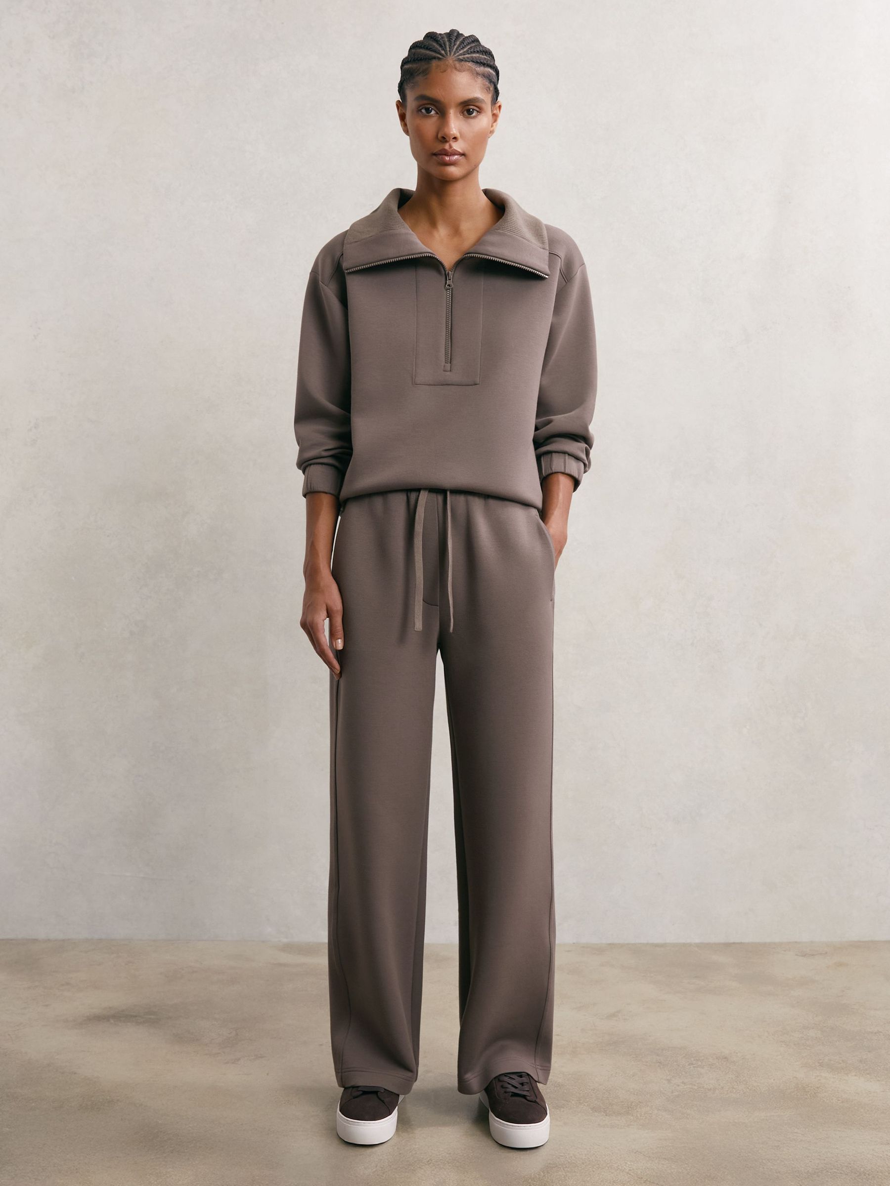 Premium Interlock Wide-Leg Joggers in Taupe Brown (Y25150) | $240