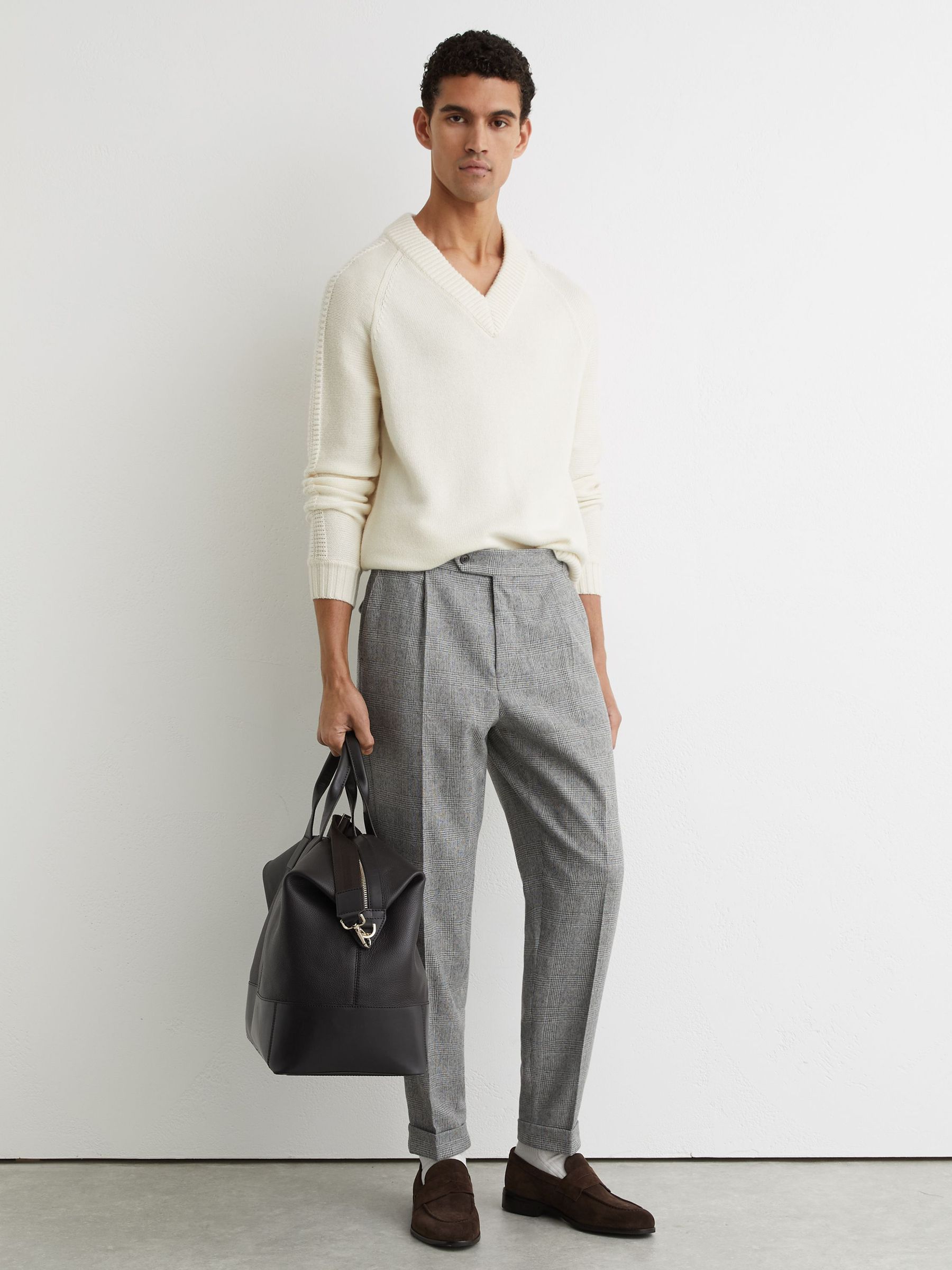 Wool-Blend Check Tapered Trousers in Grey (Y25153) | 910 QAR
