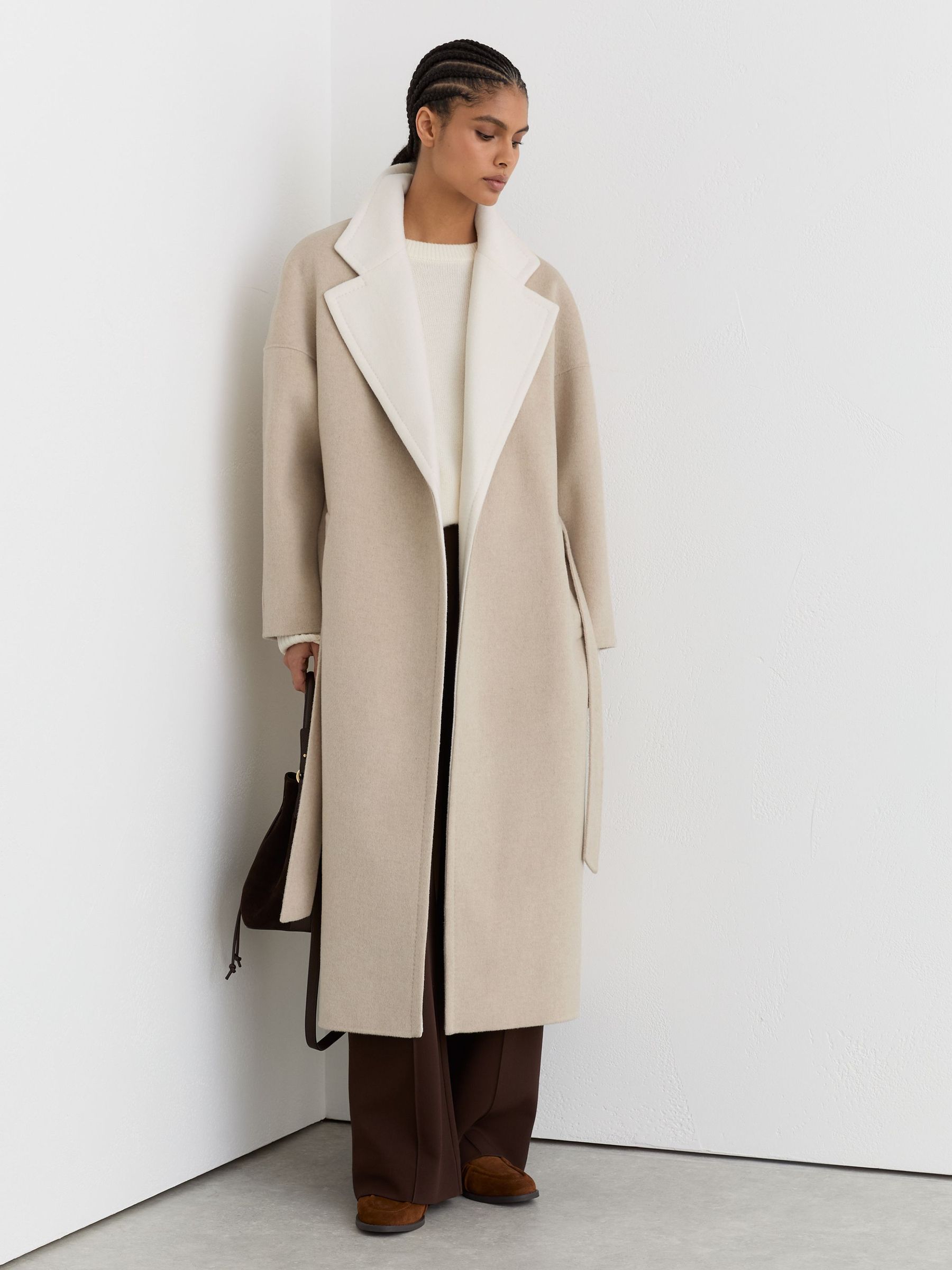 Petite Wool Blindseam Contrast-Lapel Coat in Neutral (Y26223) | €490