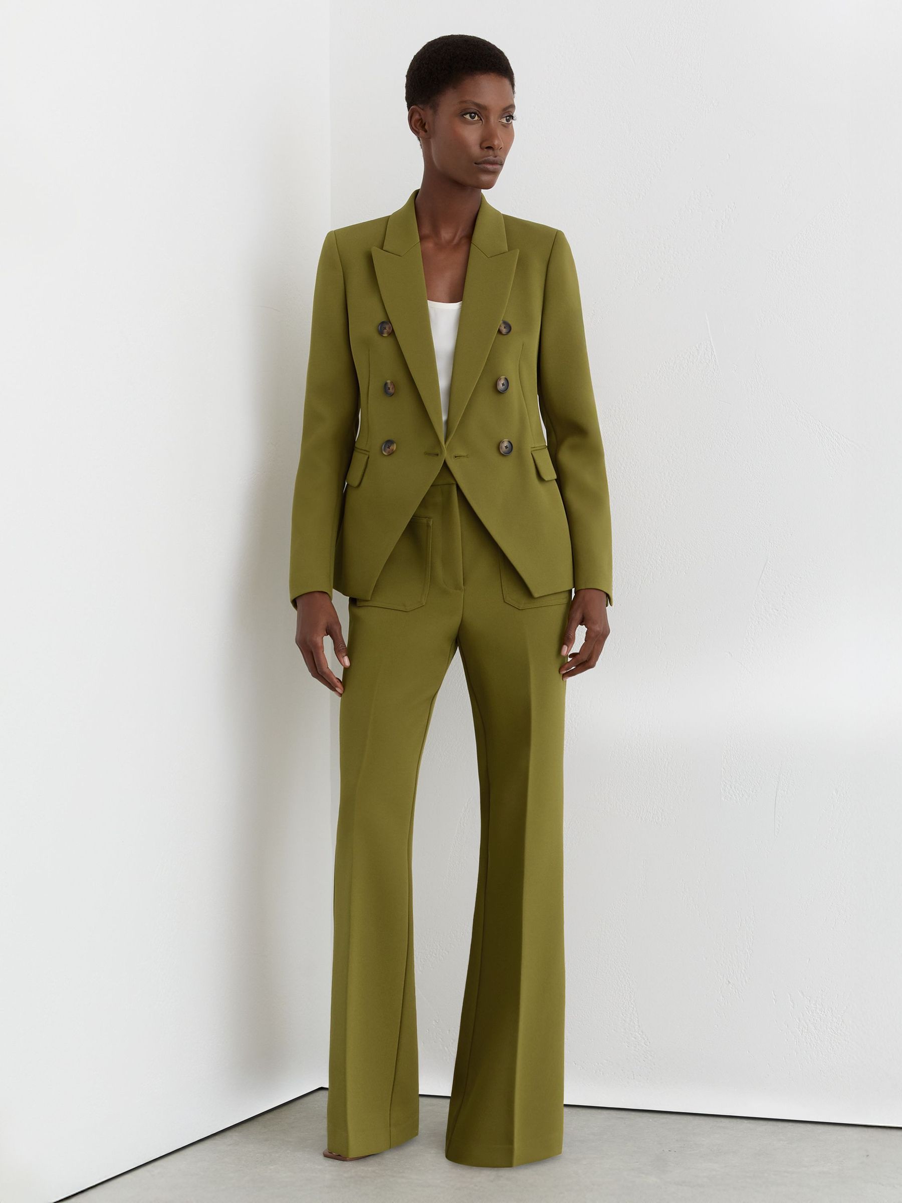 Twill High-Rise Flared Trousers in Chartreuse Green (Y27597) | $265