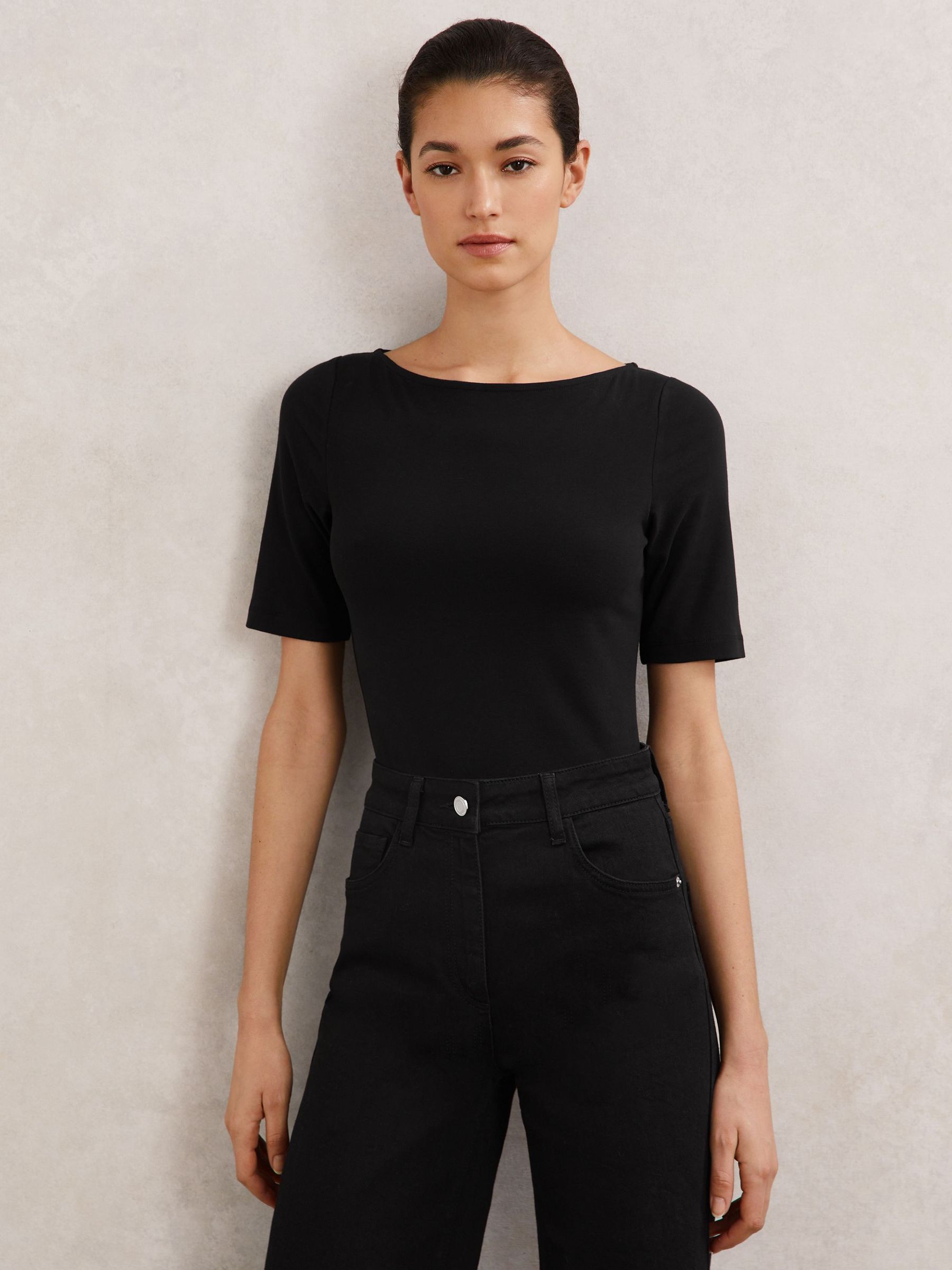 Stretch-Cotton Boat-Neck Top in Black (Y27602) | 1 365 Kč